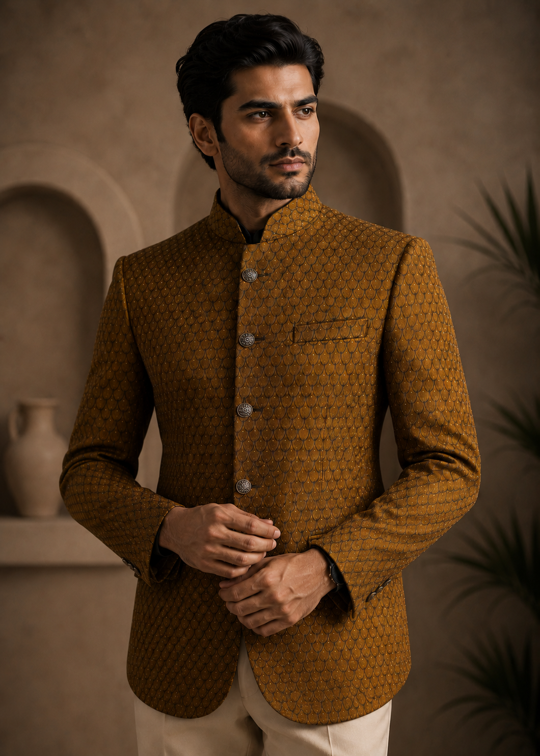 jamawar Prince Coat in Russet brown
