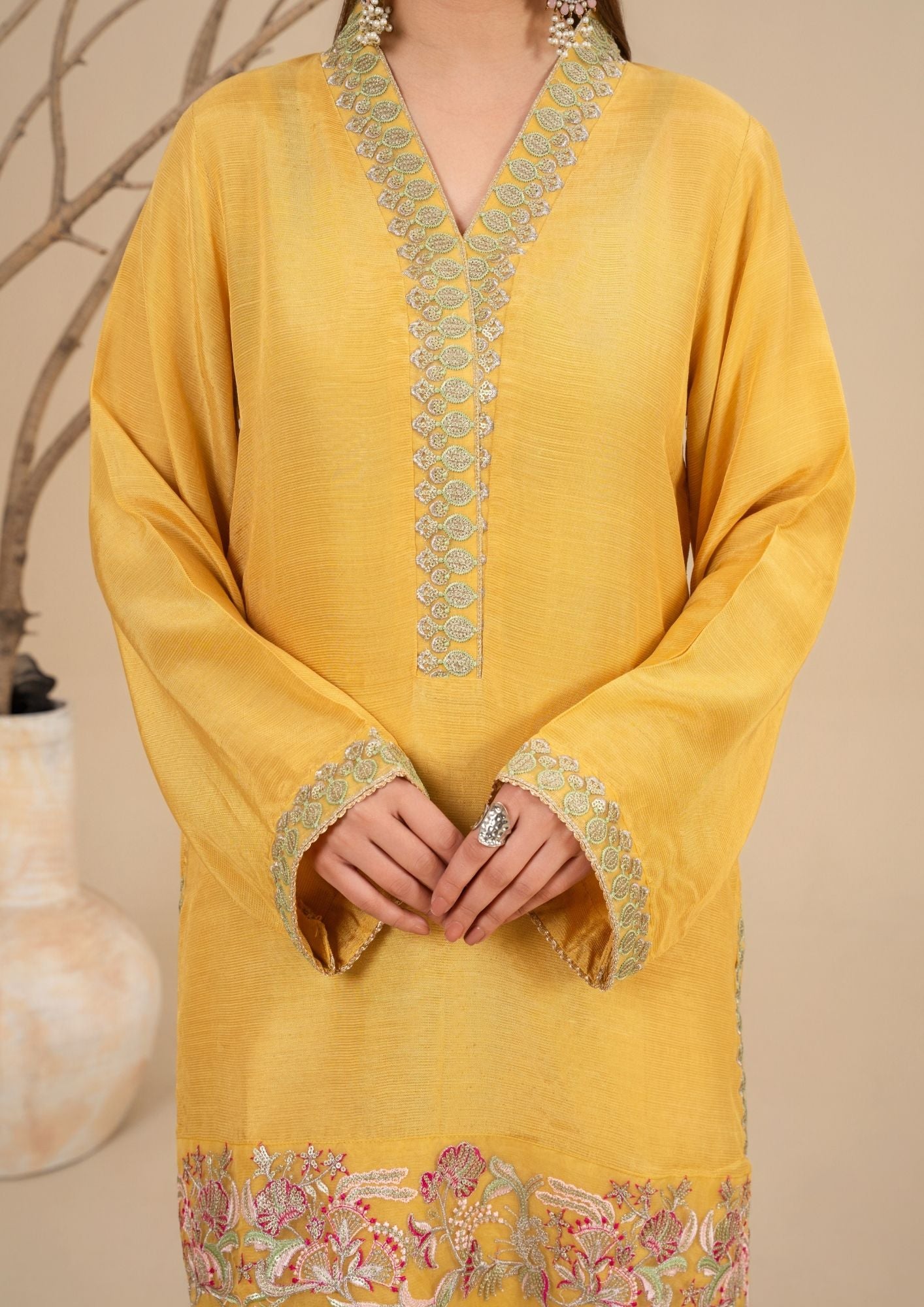 viscose raw silk Kurta Set in Lemonade