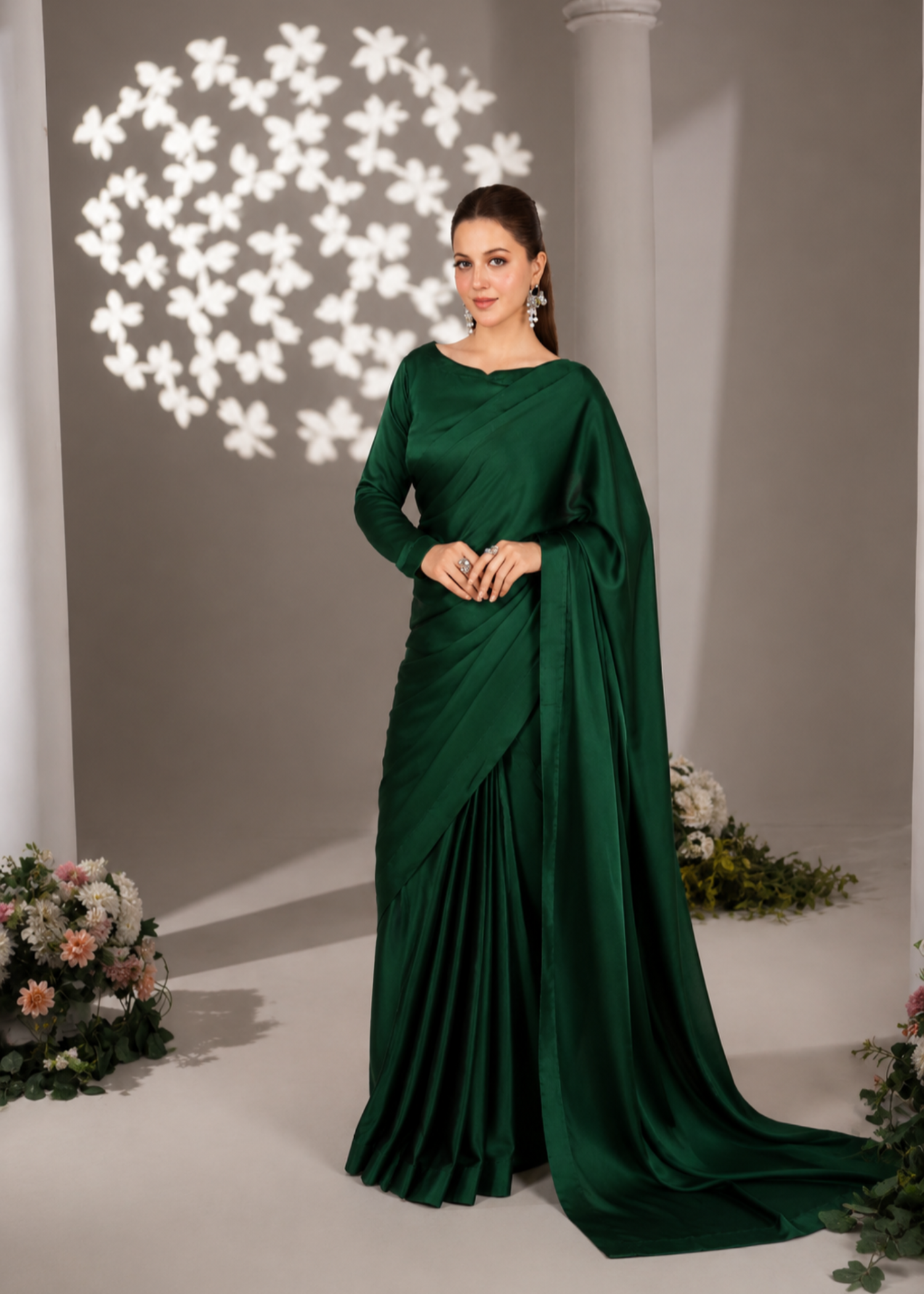 silk Saree in Bottle green