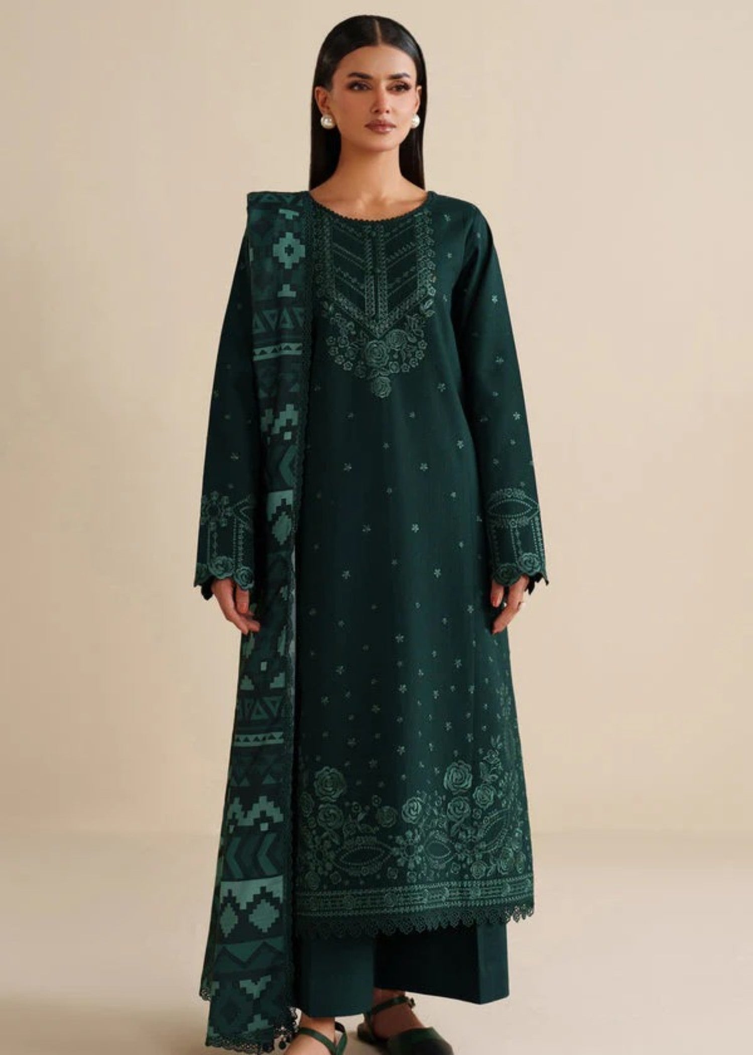 lawn cotton Kurta Set in Hunter green