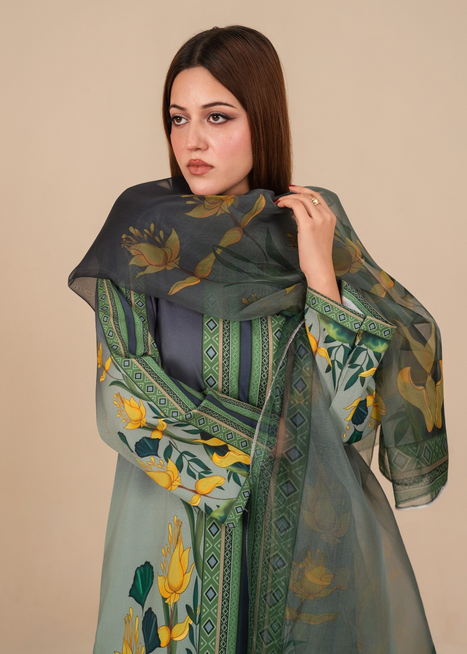 silk crepe Kurta Set in Apple green