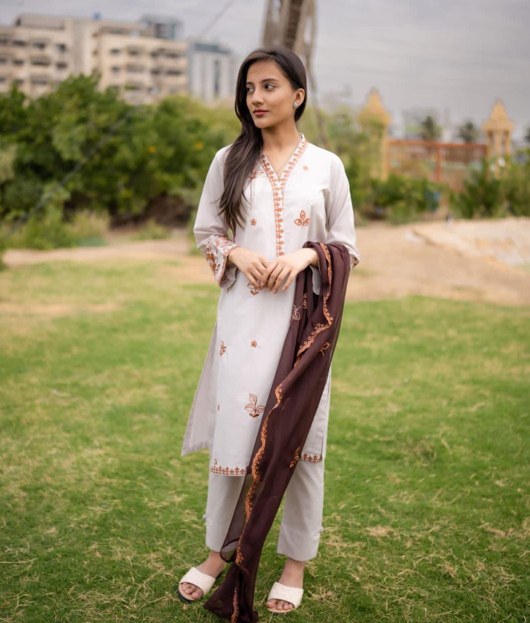 cambric Kurta Set in Pearl white
