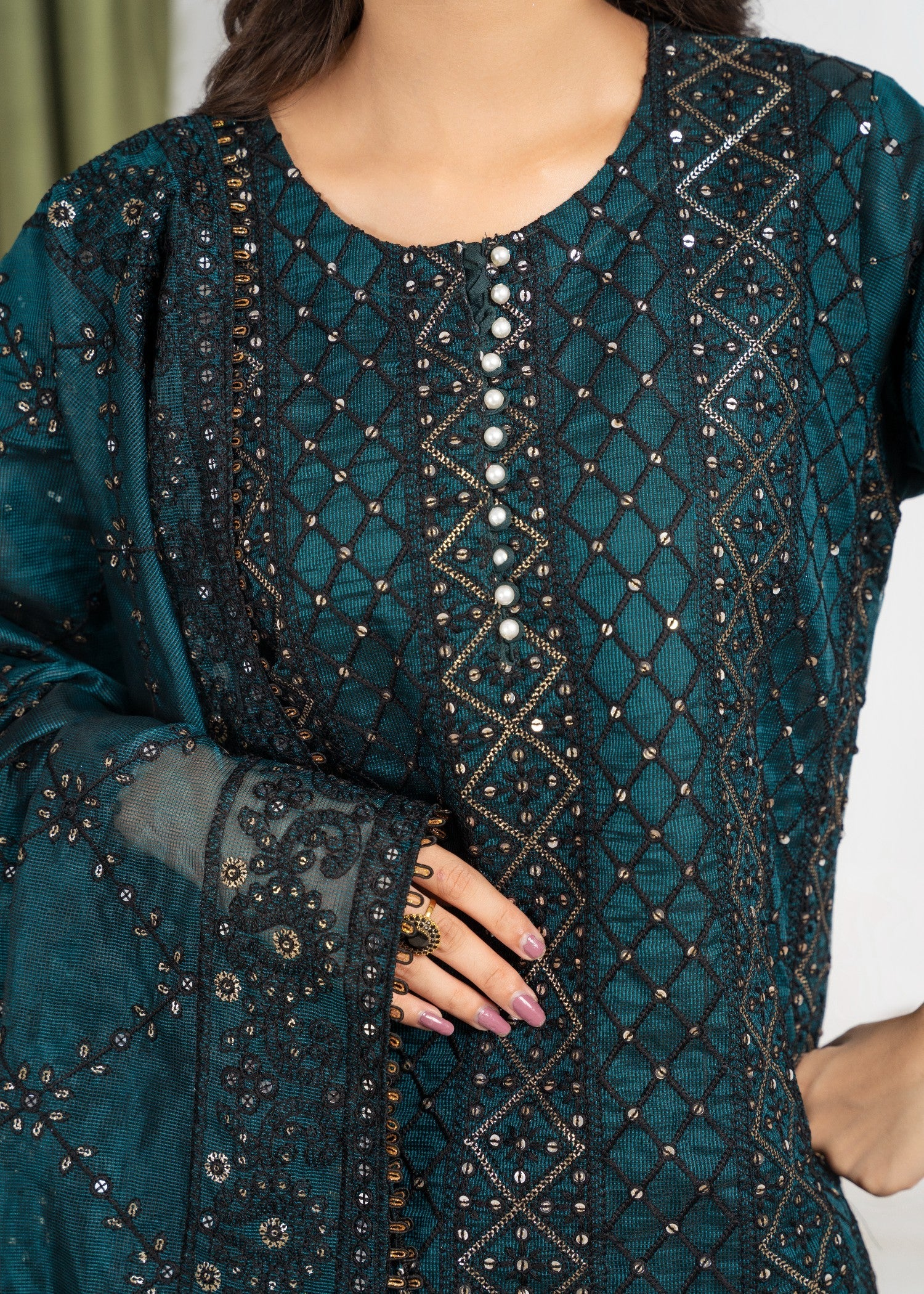 khaddi net Kurta Set in Bottle green