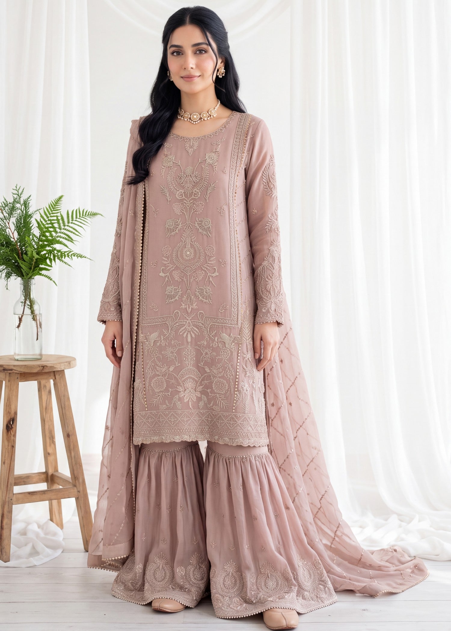pk crinkle chiffon Gharara in Rose pink