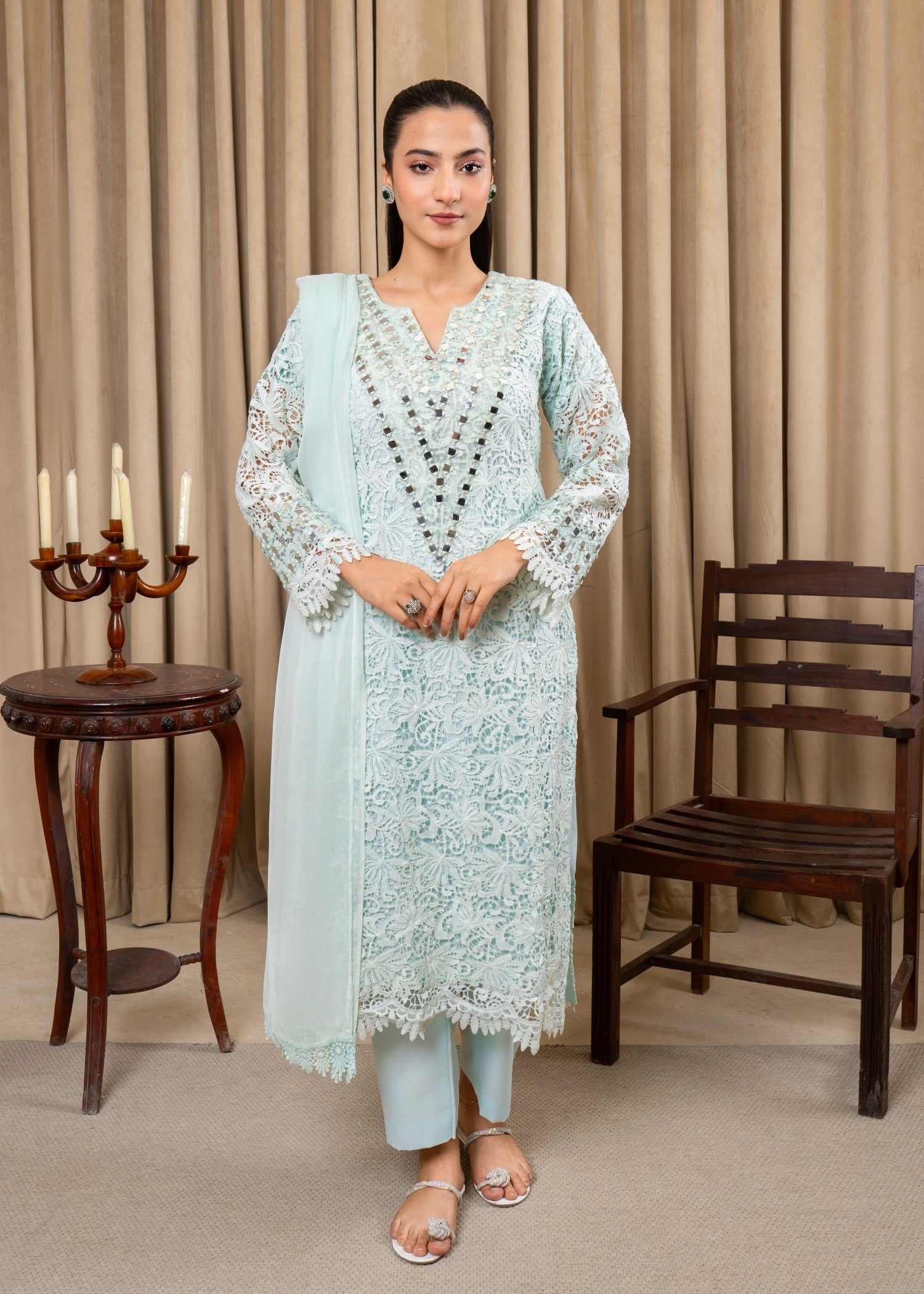 cotton net Kurta Set in Ice blue