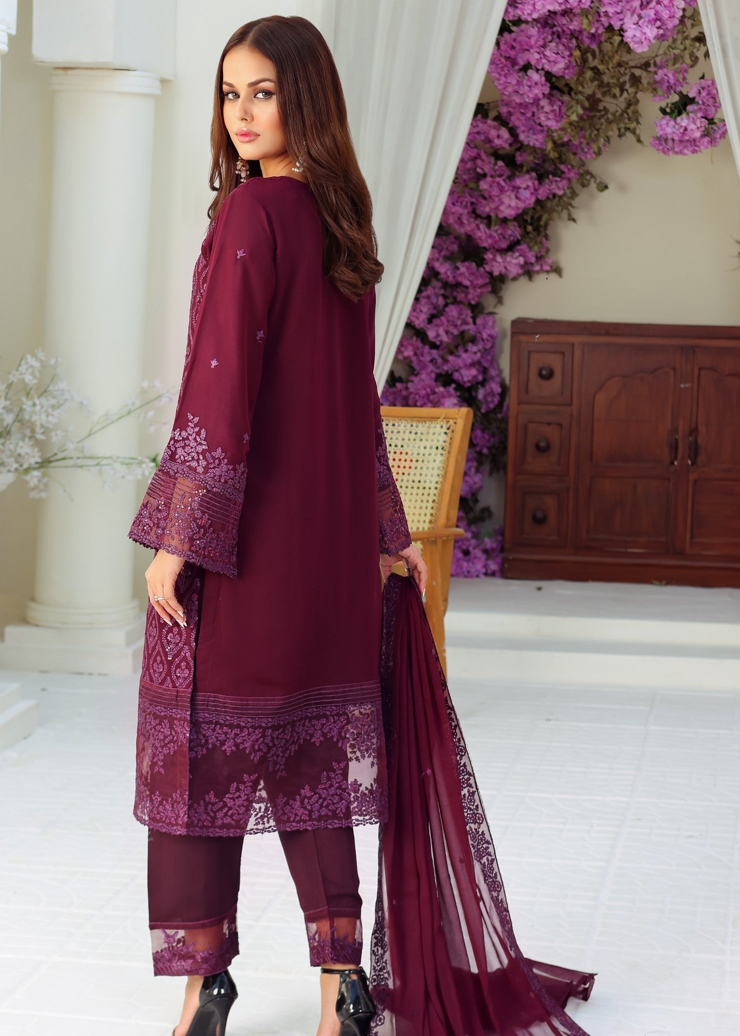 bemberg crinkle chiffon Kurta Set in Burgundy