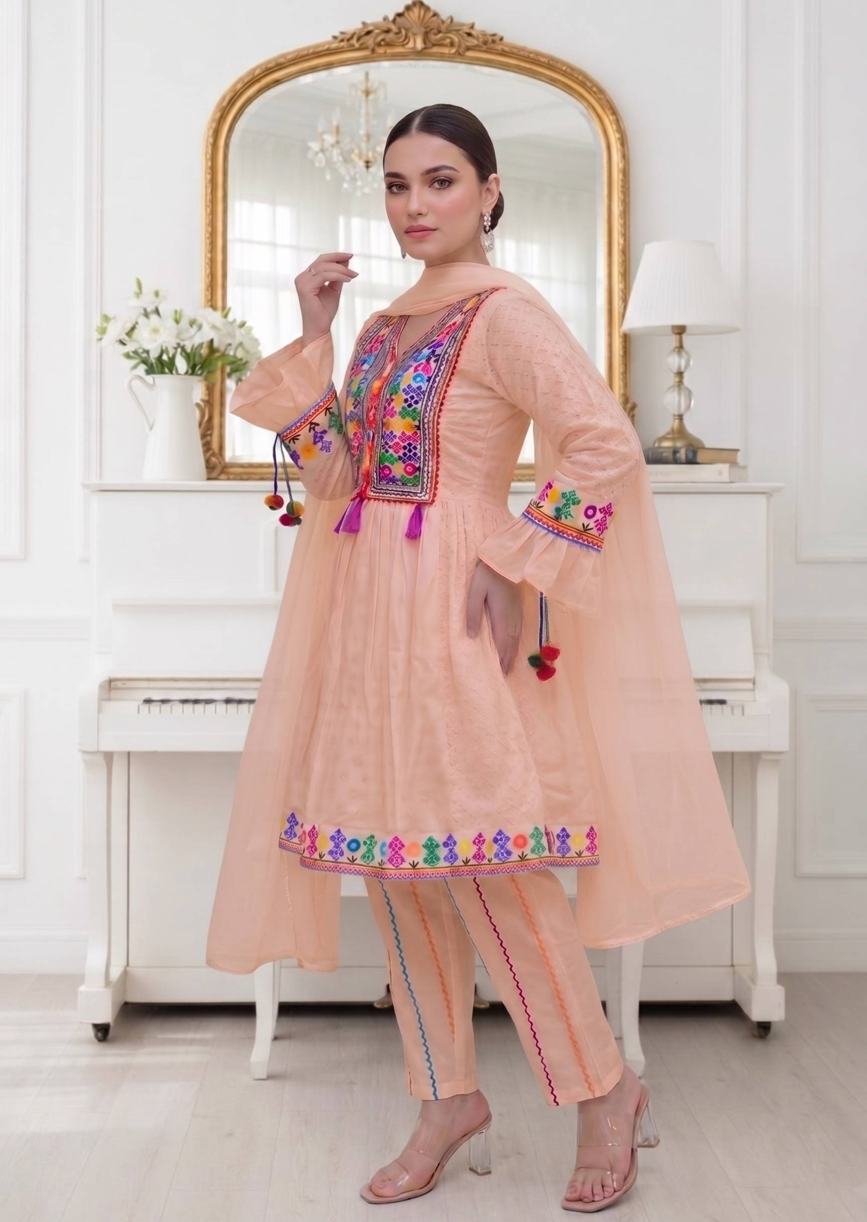 lawn cotton Short Frock in Peach pink