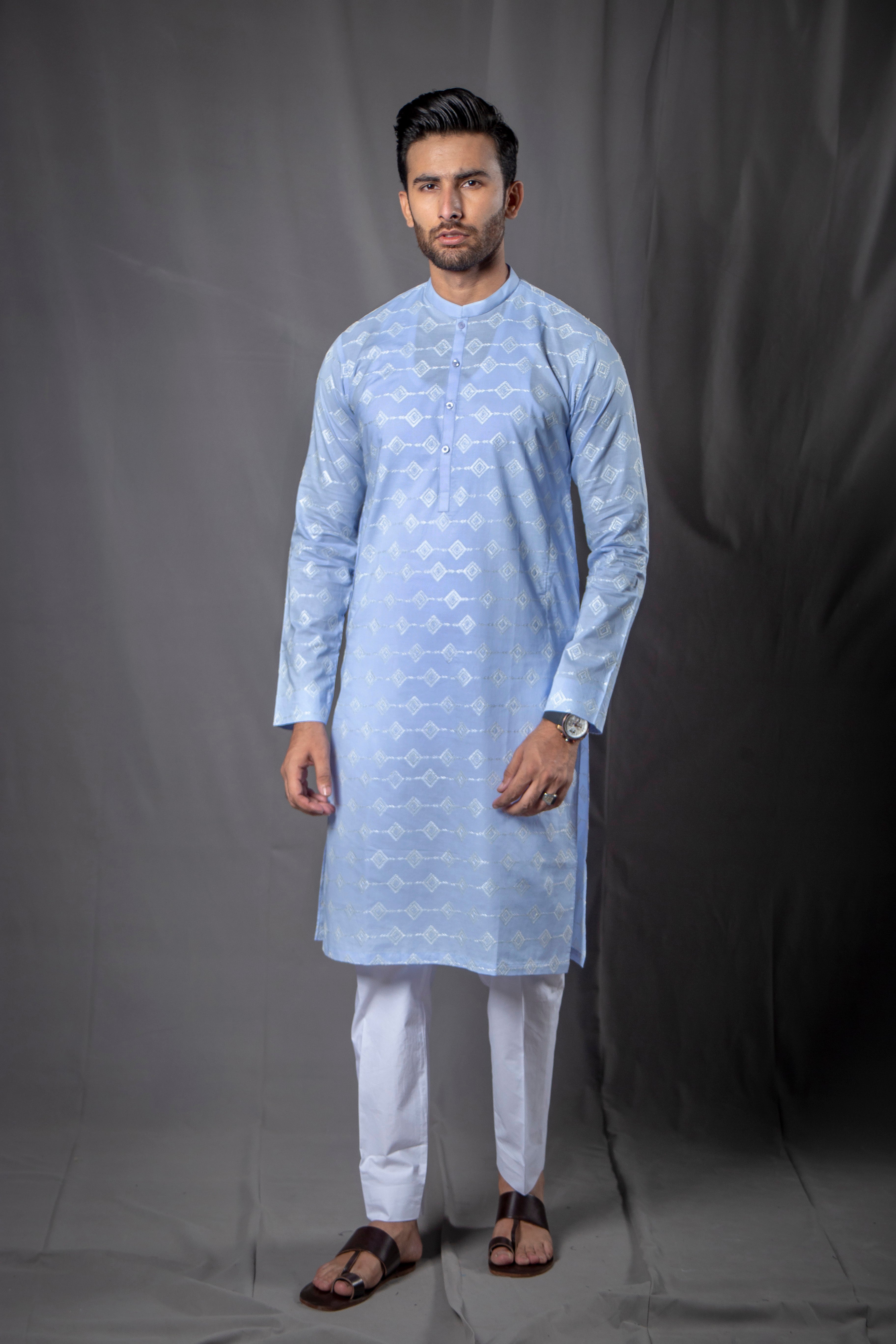 schiffli Kurta in Ice blue