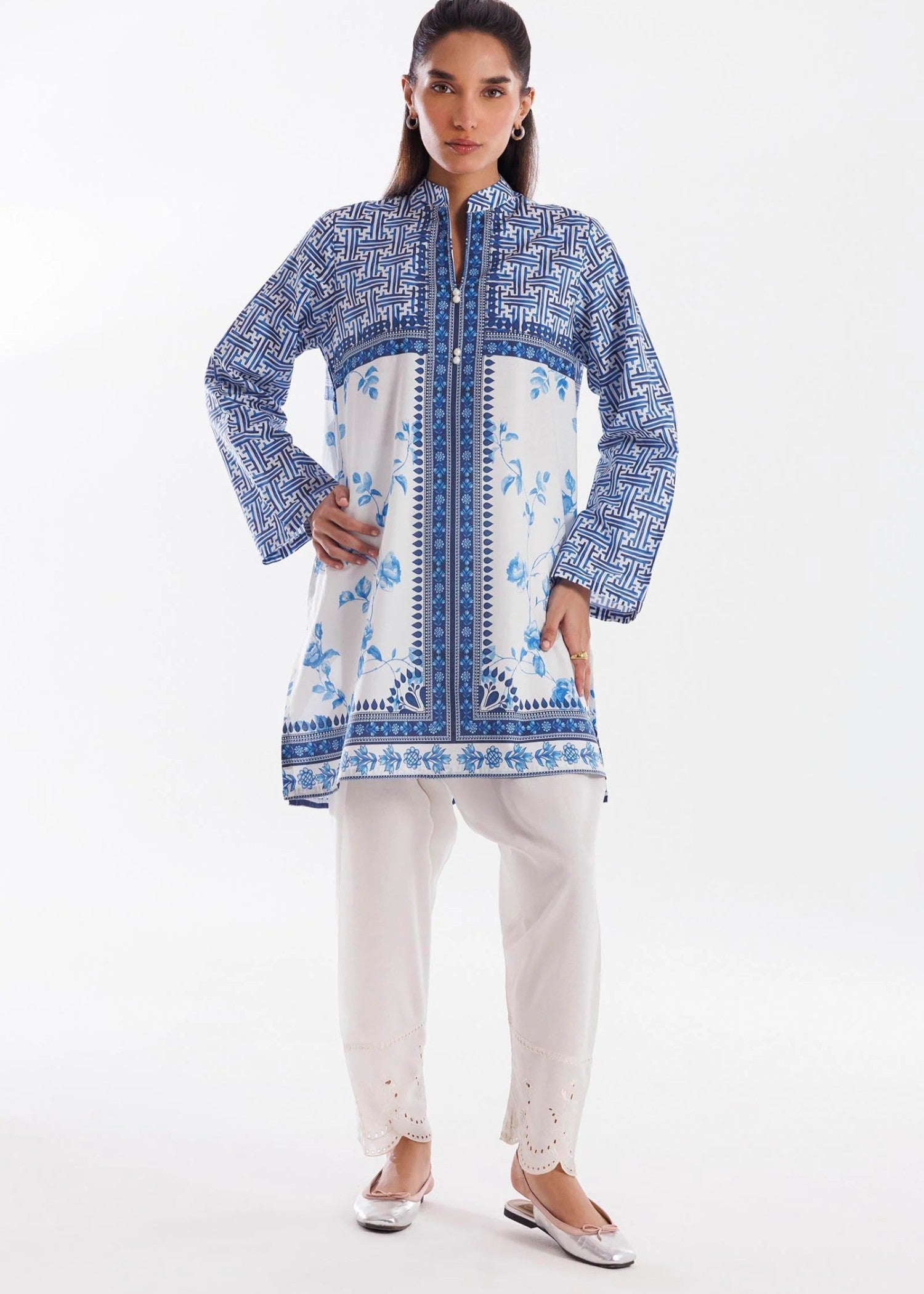 lawn Kurti in Blue, white