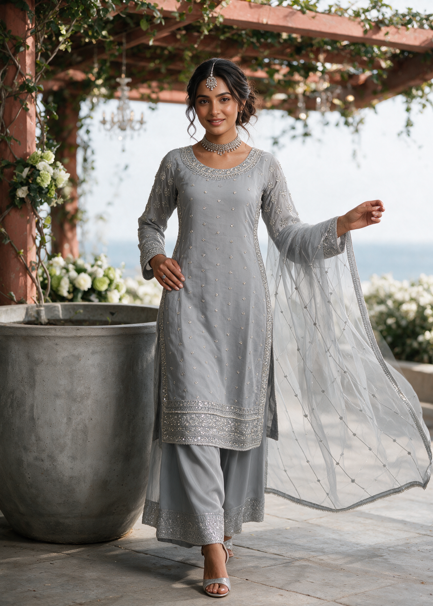 chiffon Kurta Set in Cool grey