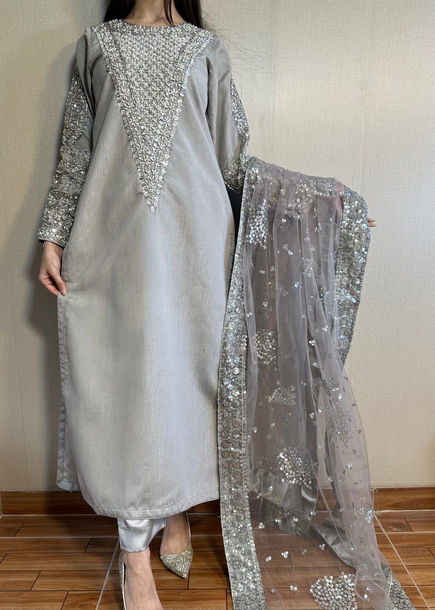 raw silk Kurta Set in Steal grey