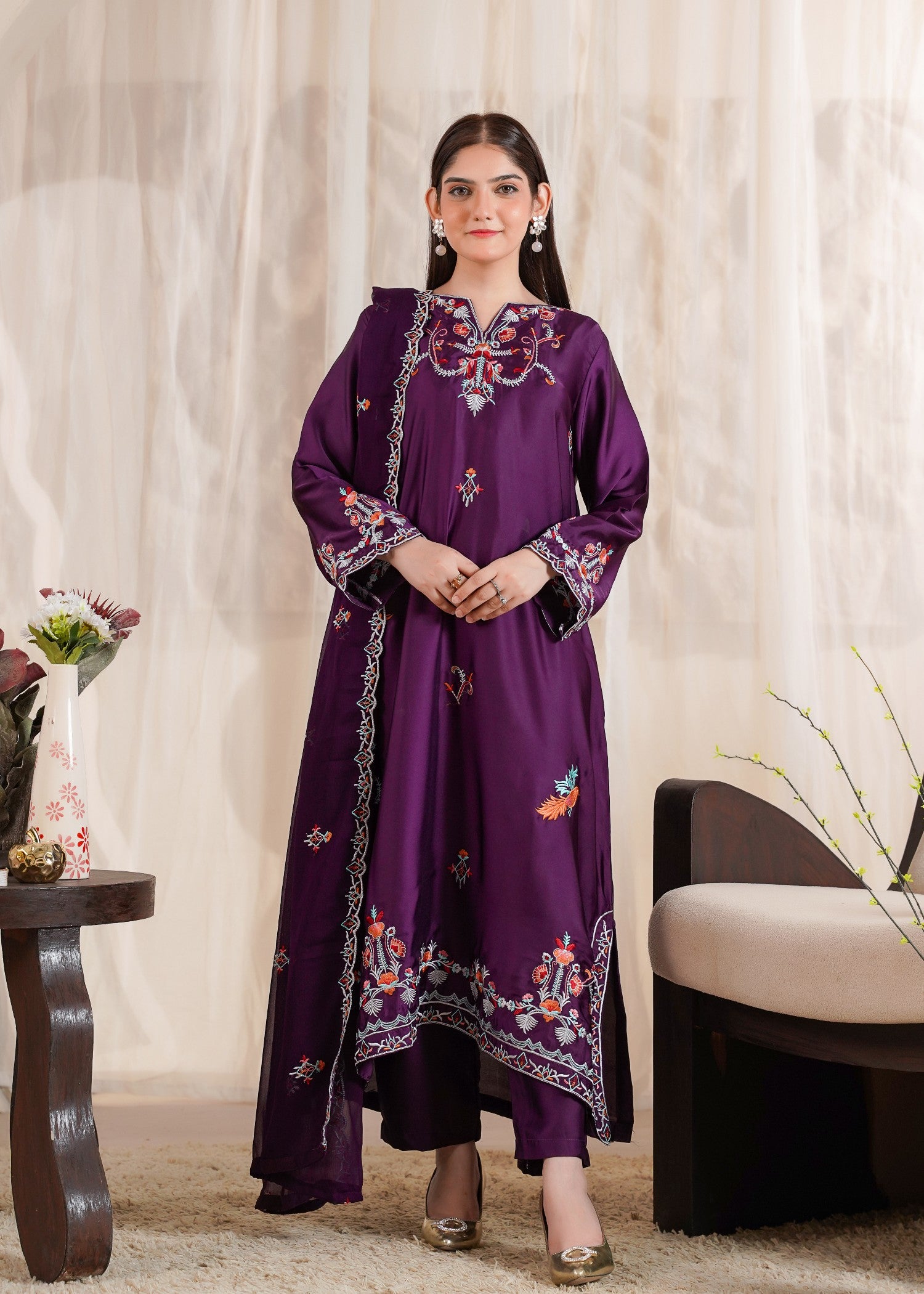 silk Kurta Set in Plum purple