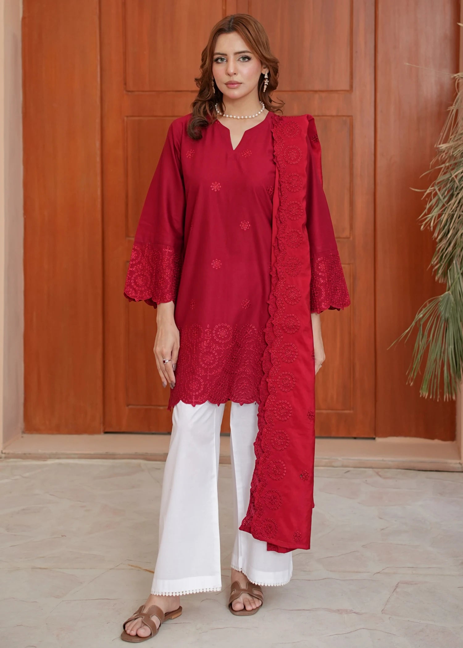 lawn Kurta Set in White, maroon