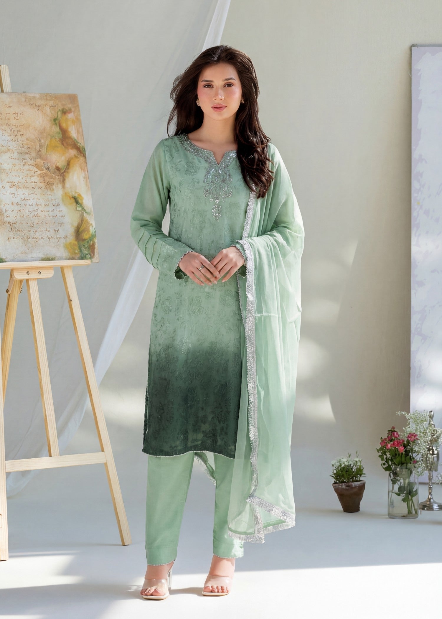 khaddi net Kurta Set in Moss green