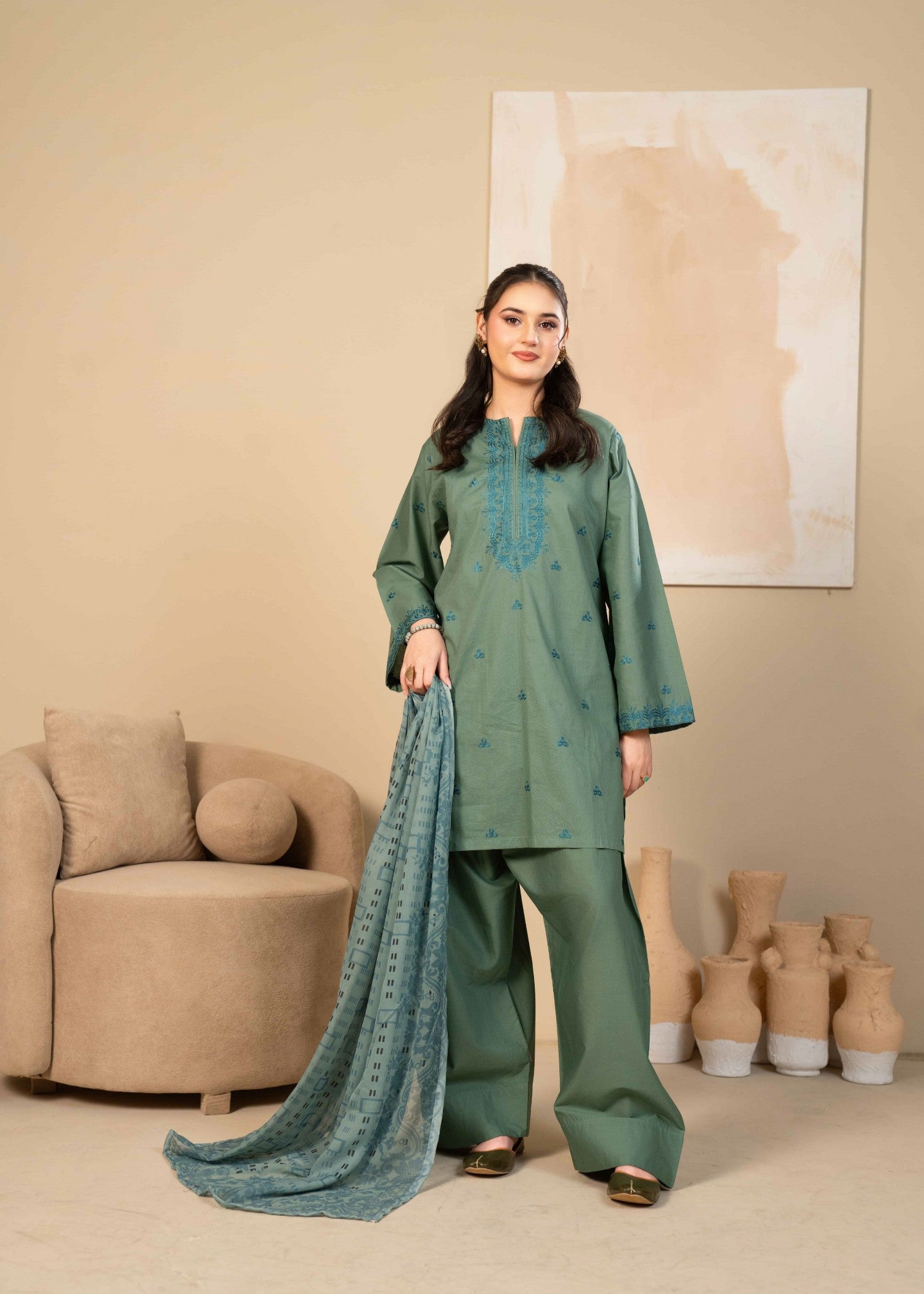 lawn cotton Kurta Set in Sage green