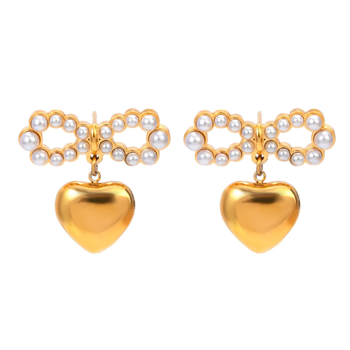 Elegant 18K Gold Plated Pearl Bowknot Heart Pendant Earrings