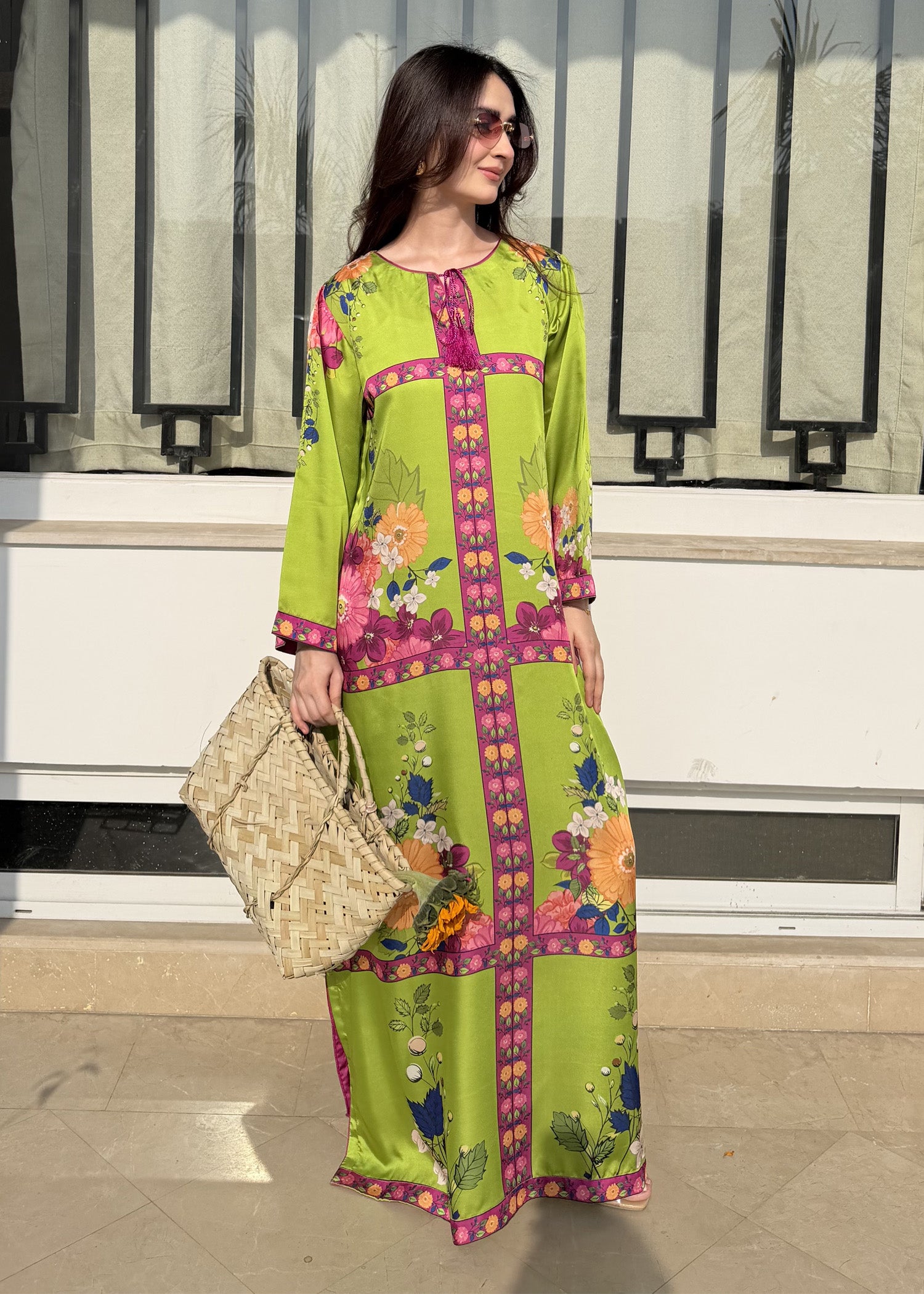 satin silk Kaftan in Apple green