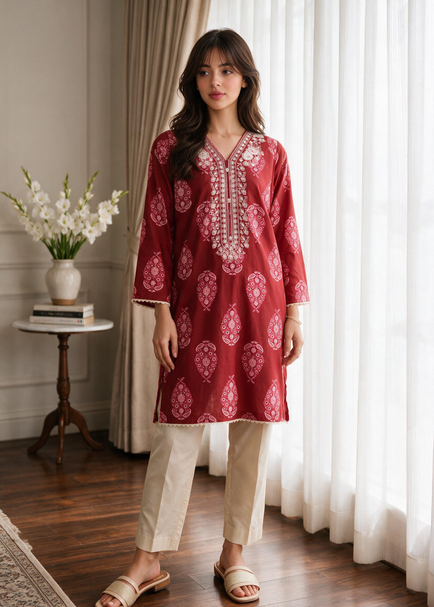 lawn Kurti in Rose red