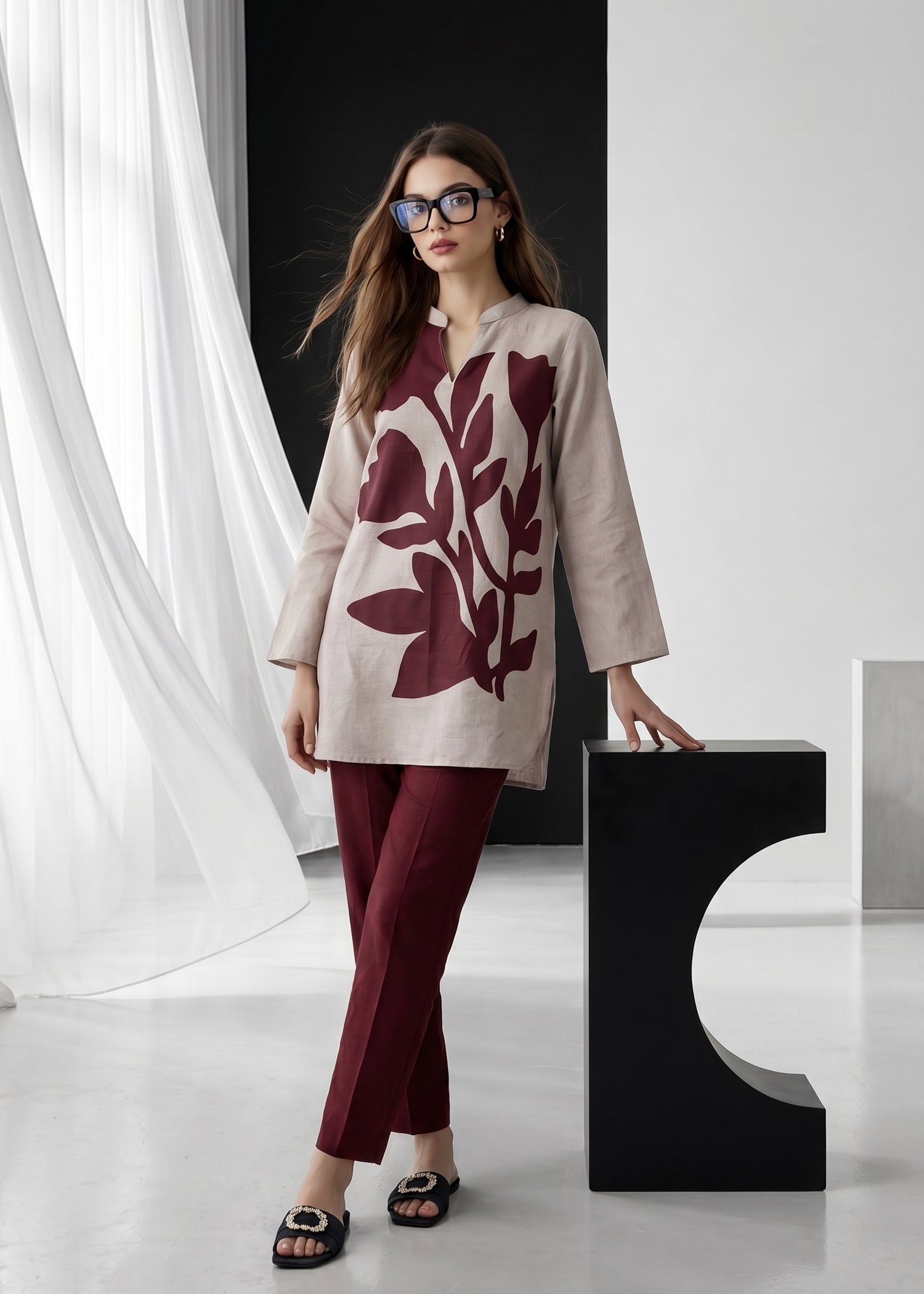 slub lawn Kurta Set in Ash grey