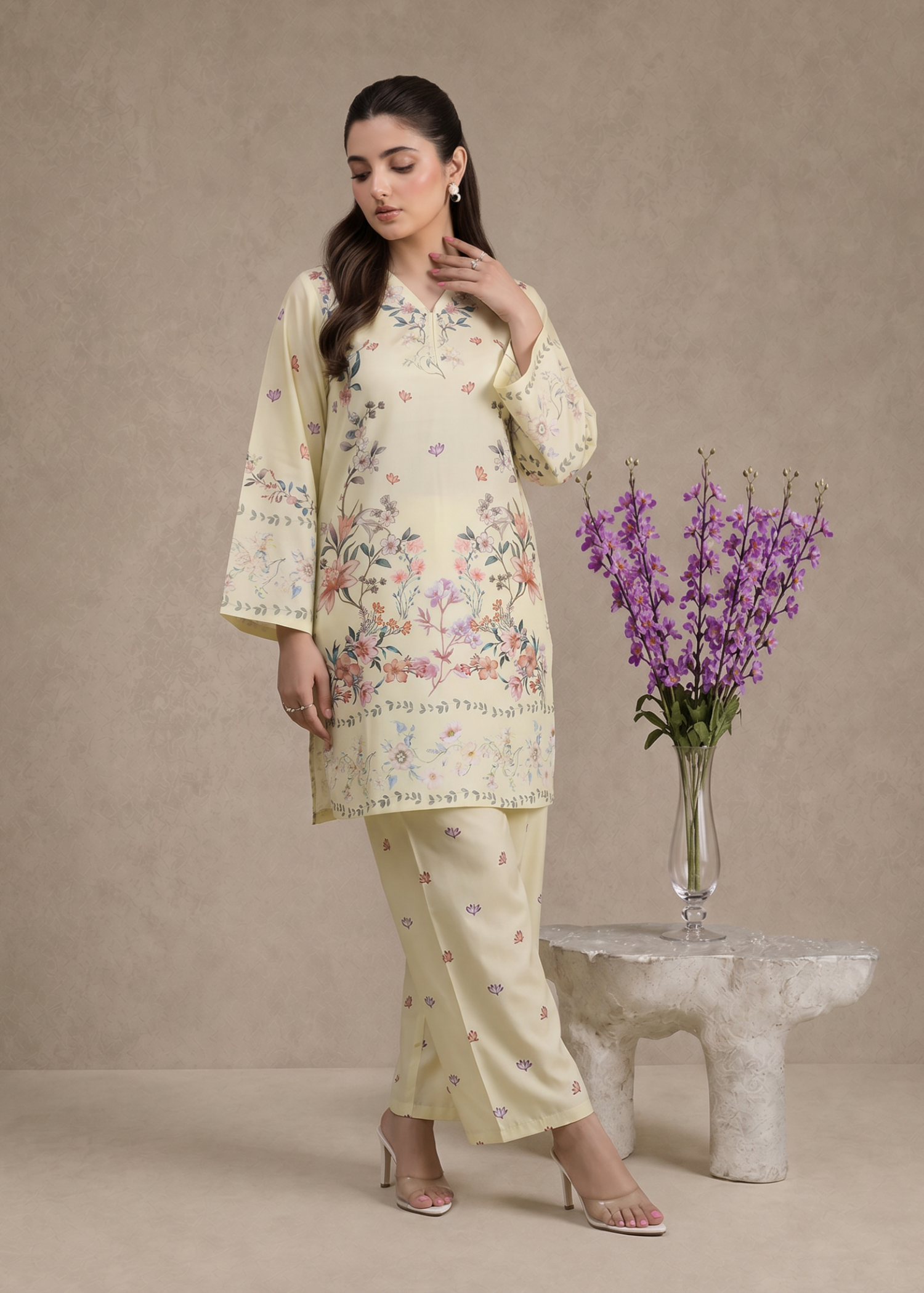 polyester crepe Co Ord Sets in Light yellow