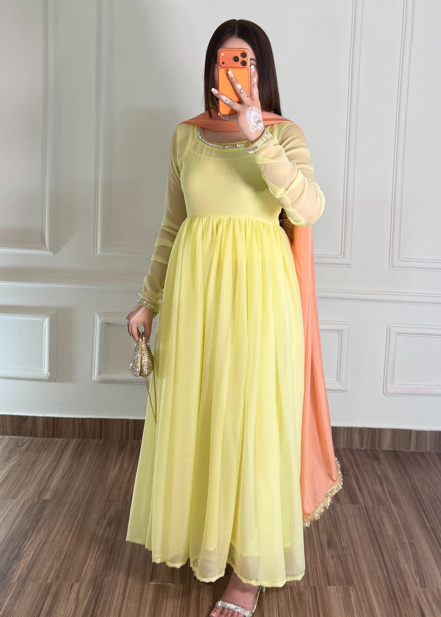 bemberg crinkle chiffon Maxi in Peach pink, pale yellow