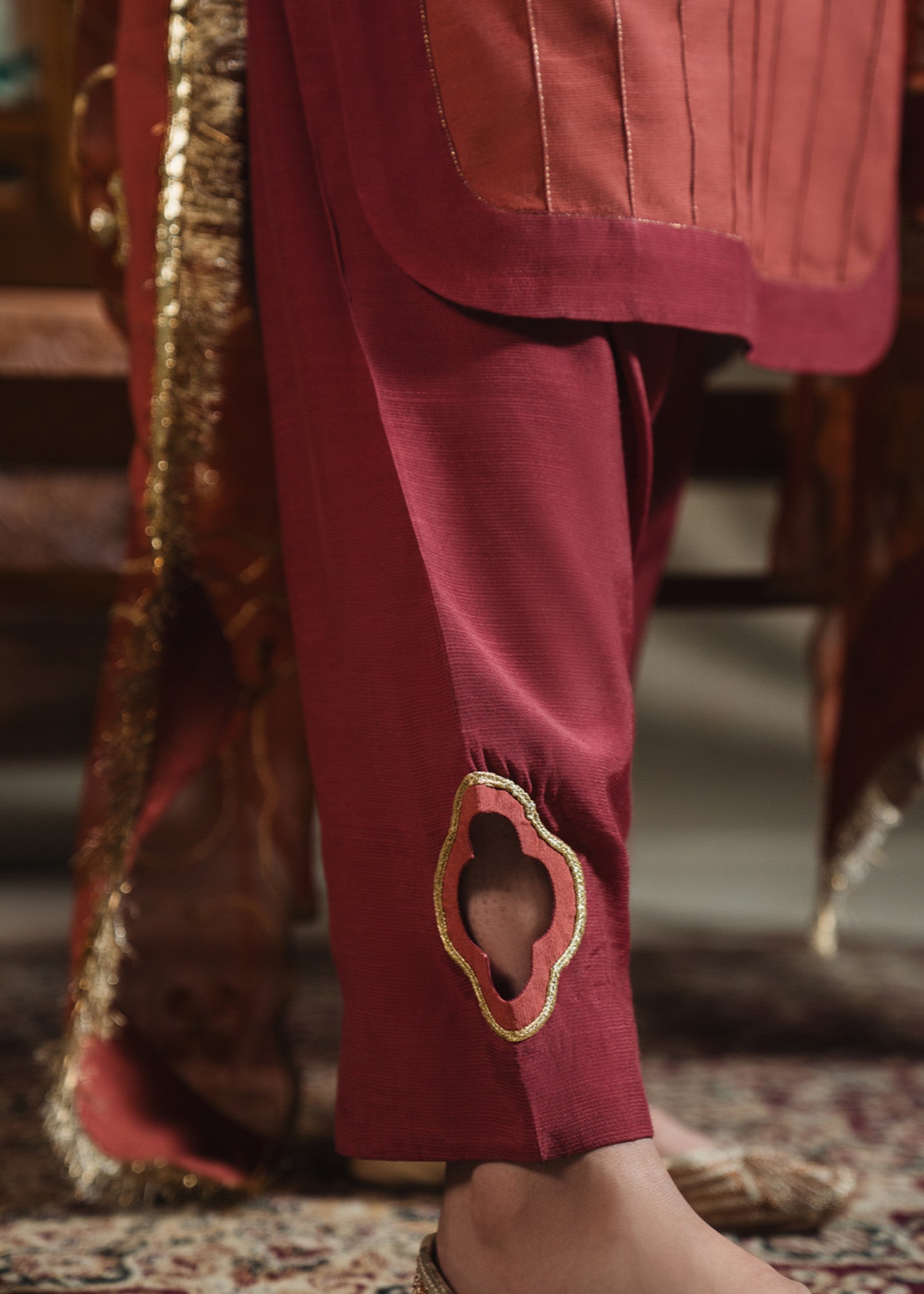 raw silk Kurta Set in Coral red