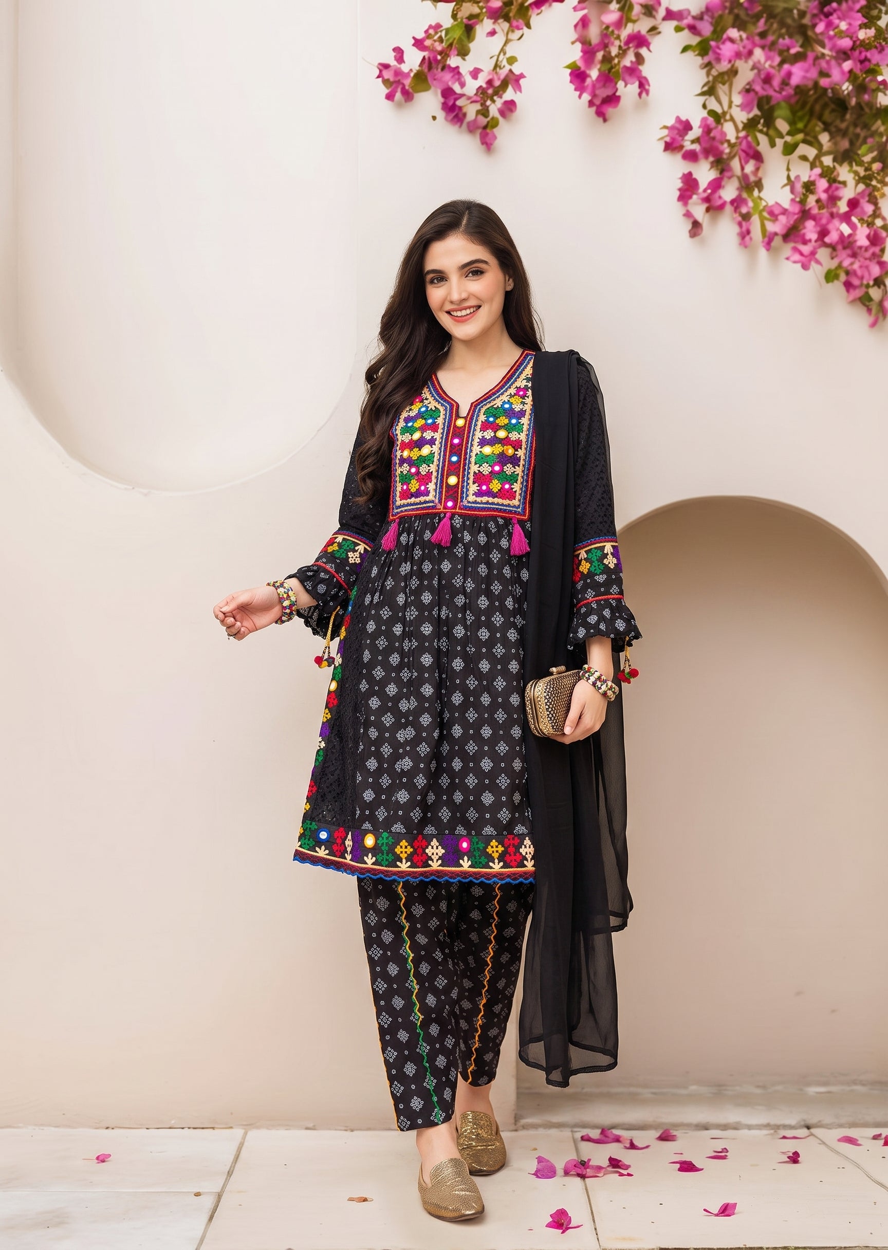 lawn cotton Short Frock in Black