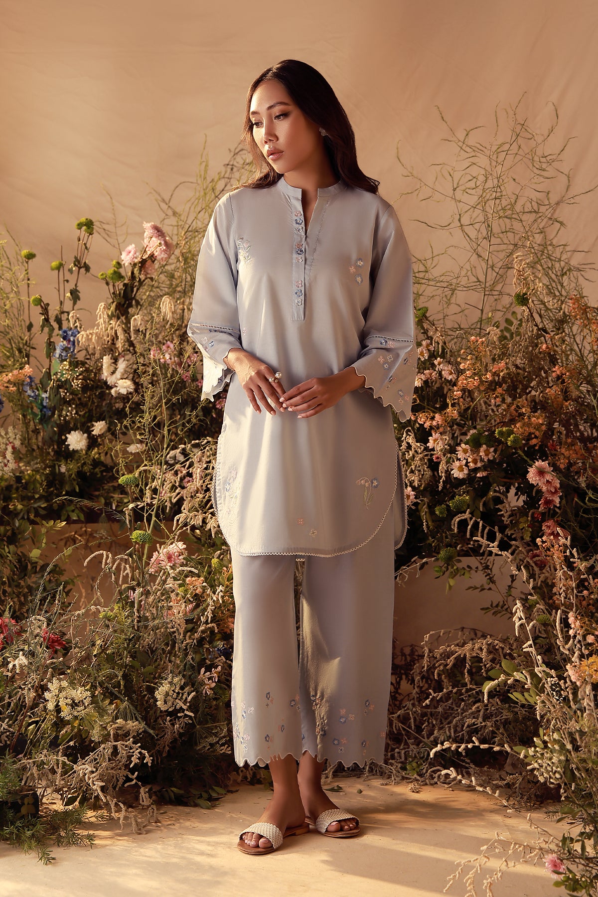 slub cambric Kurta Set in Slate grey