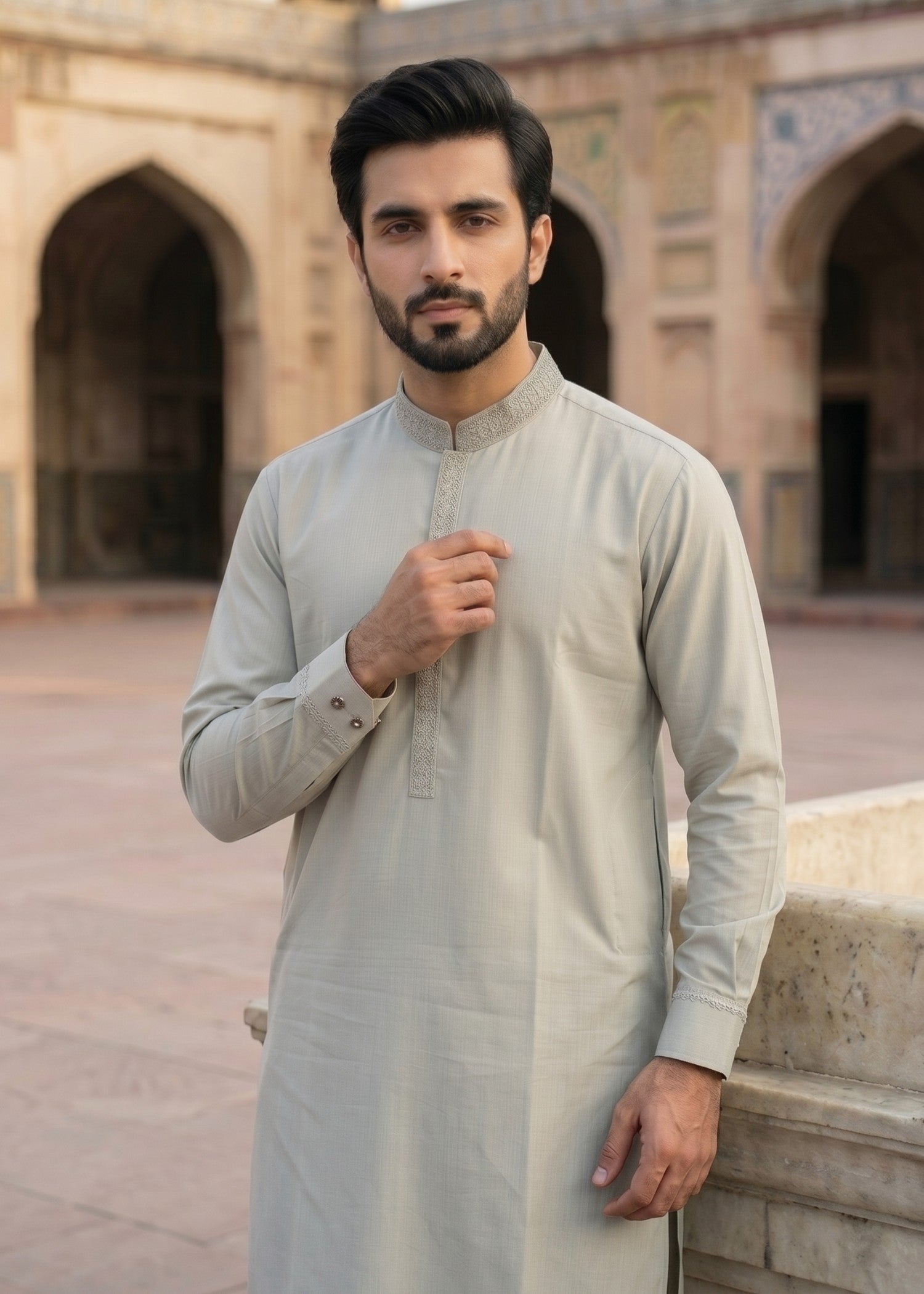 textured wash & wear Shalwar Kameez in Moss green