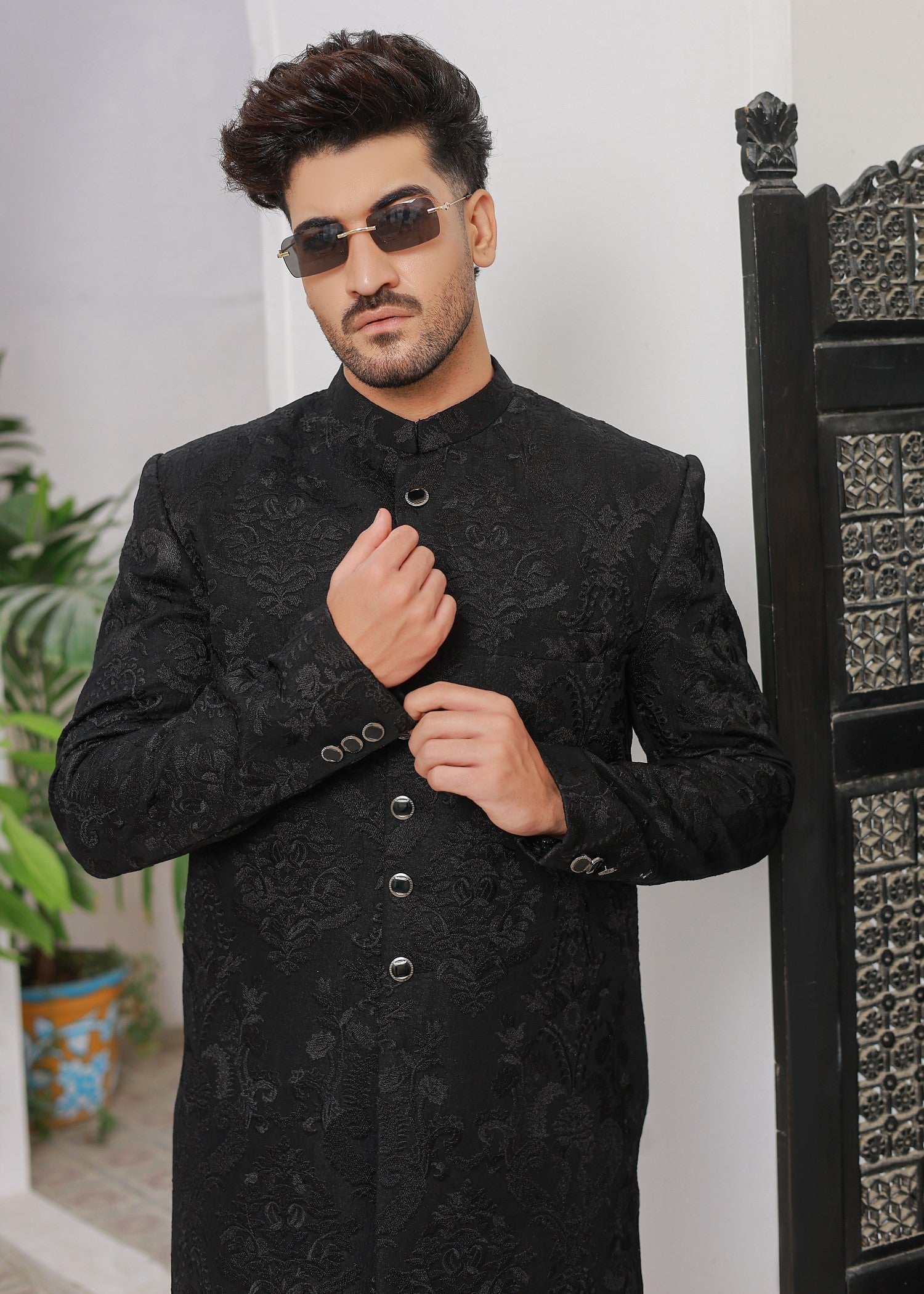 indian raw silk Sherwani in Black