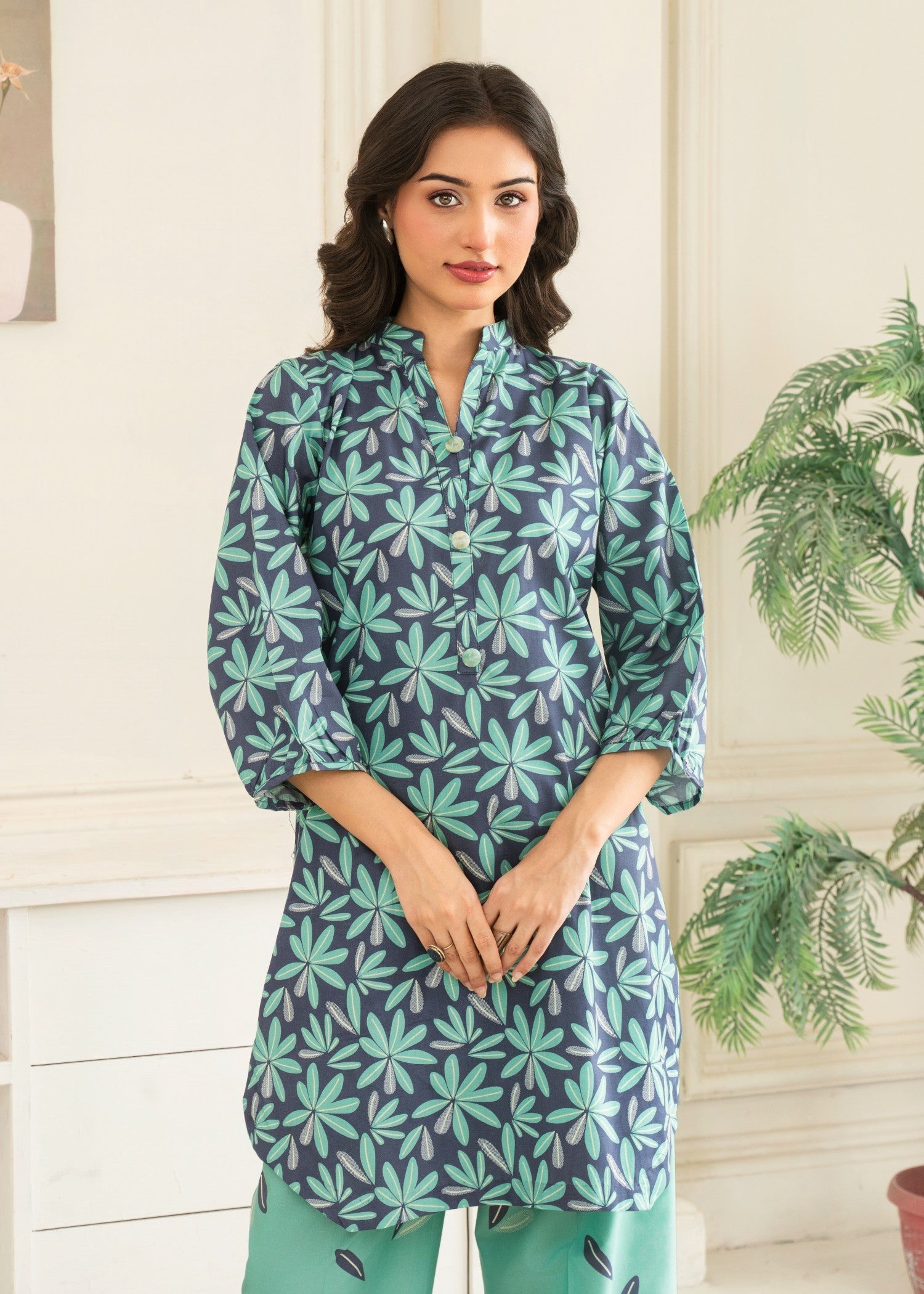 cotton Kurta Set in Turquoise, navy blue