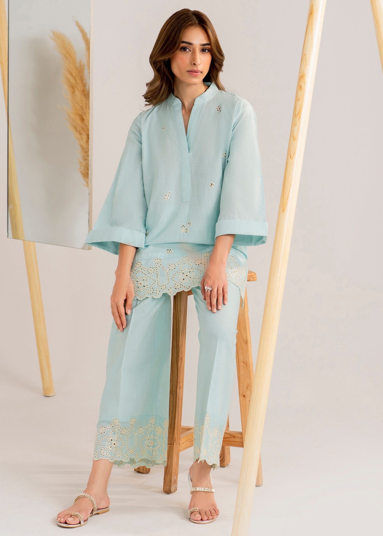 cotton dobby Co Ord Sets in Light blue