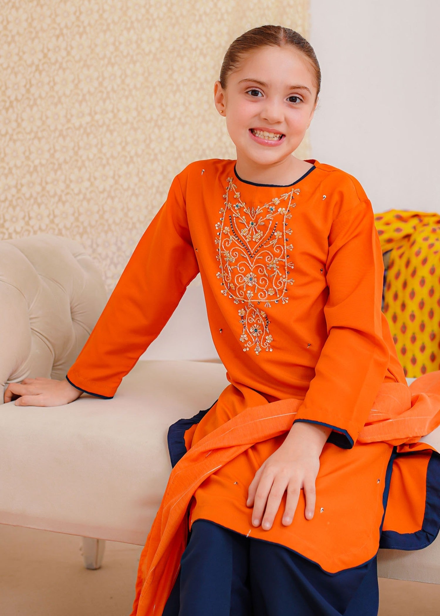 raw silk Kurta Set in Orange, navy blue