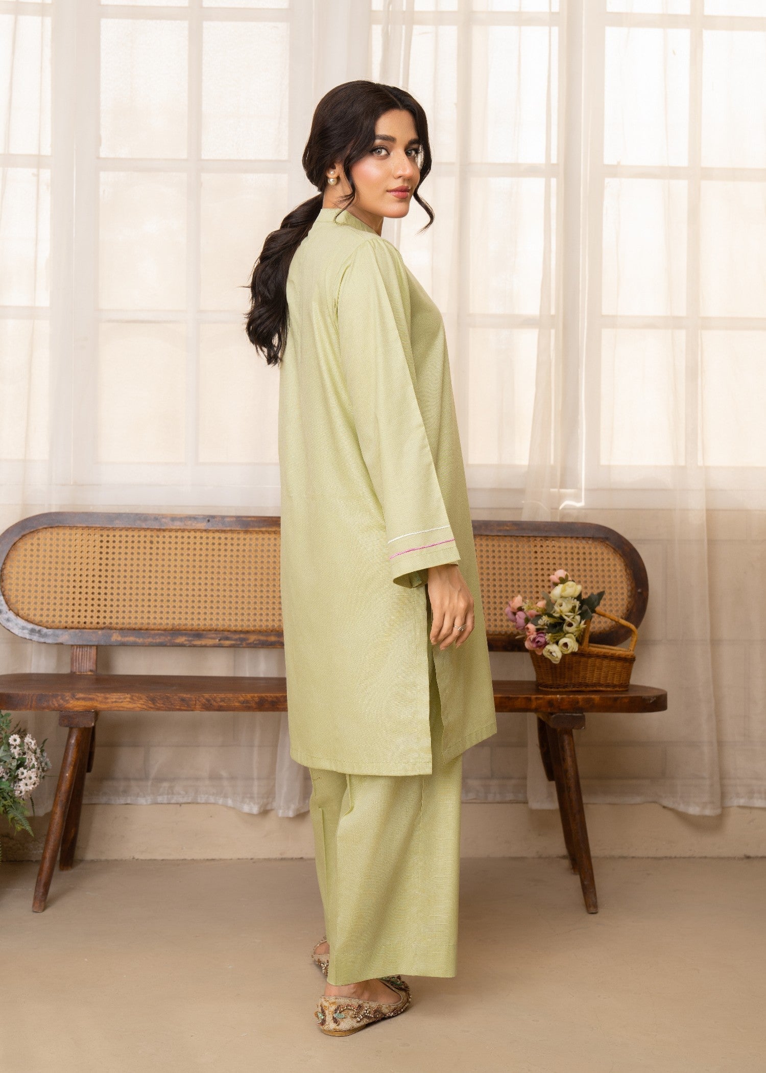 slub cambric Kurta Set in Mint green