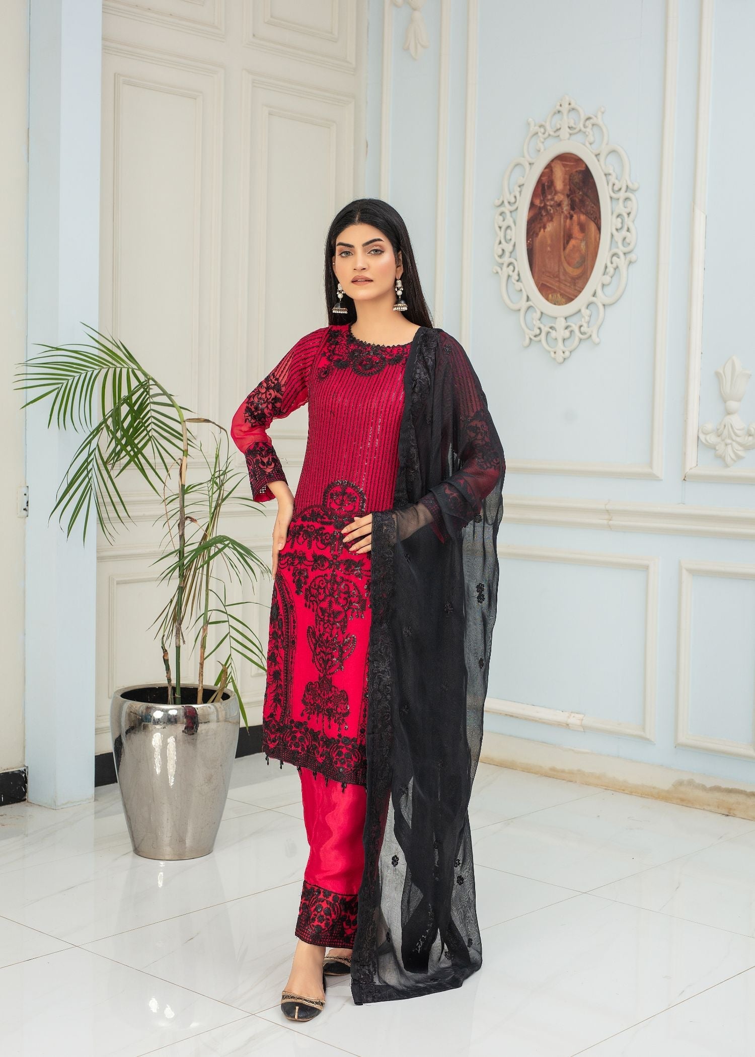 chiffon Kurta Set in Shocking pink