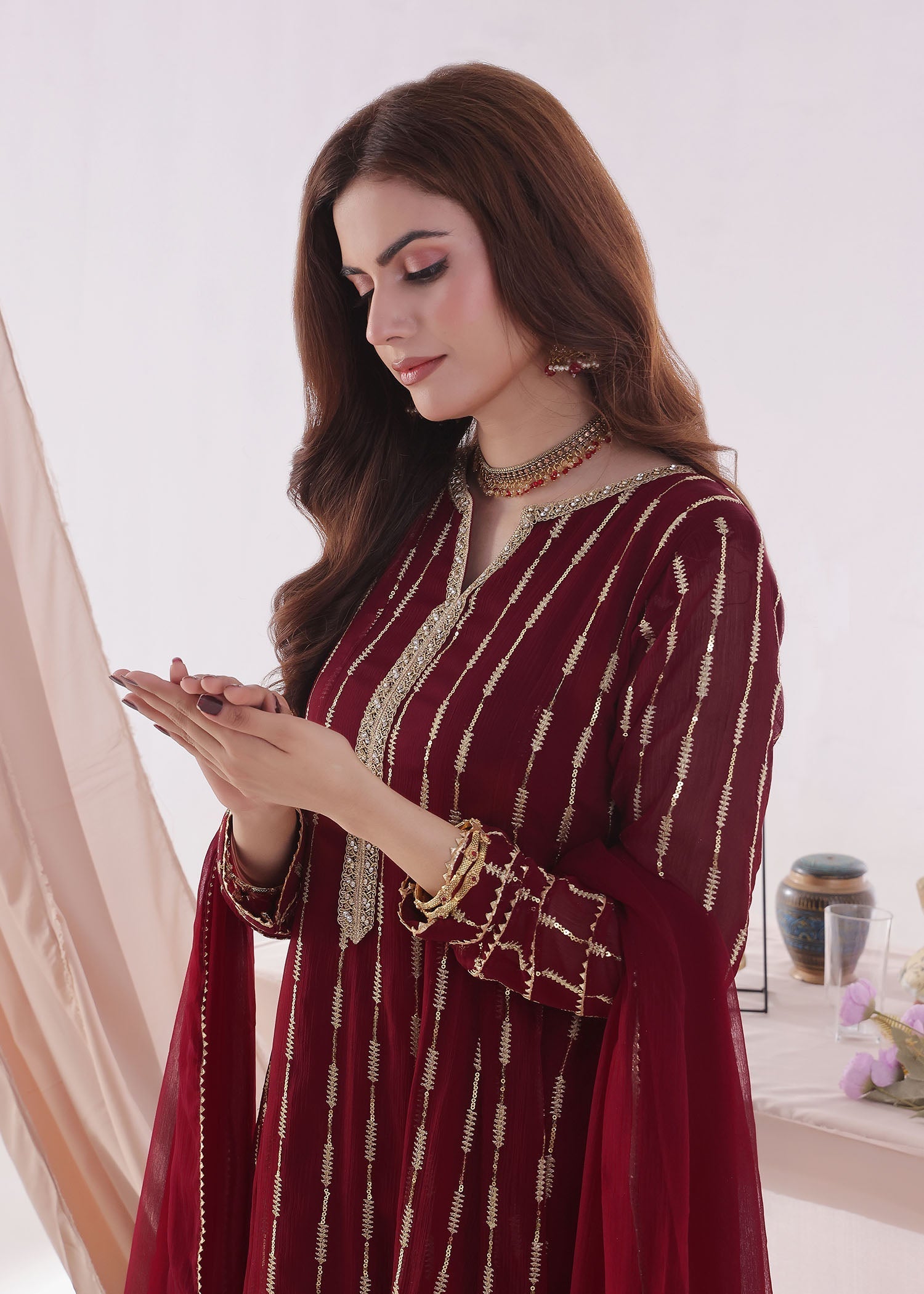 chiffon Anarkali in Maroon
