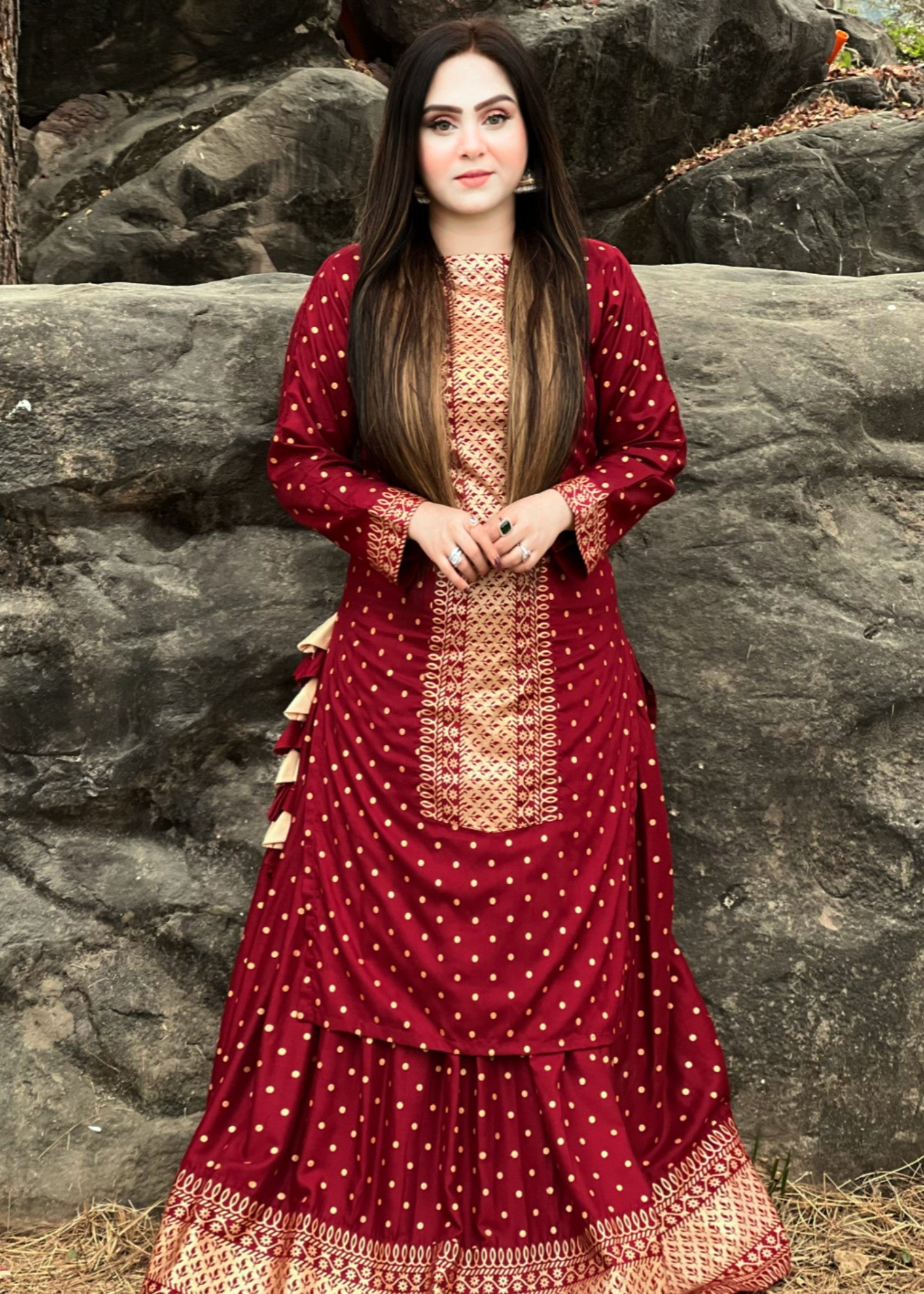 linen Lehenga in Maroon