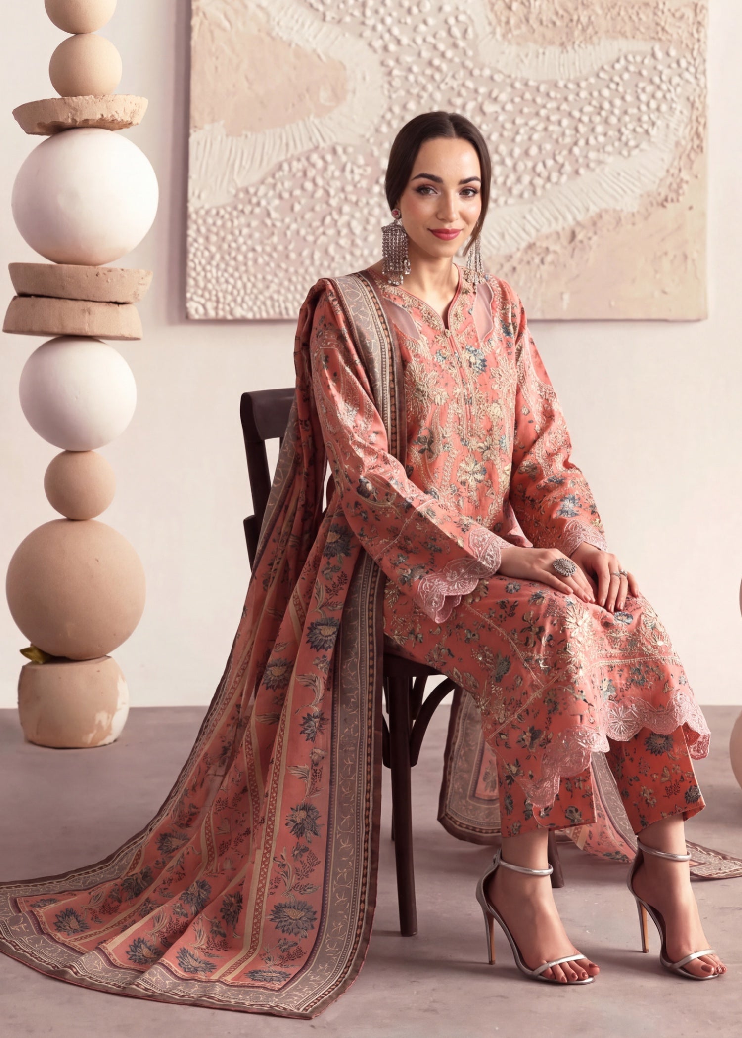 lawn cotton Kurta Set in Peach pink, coral pink