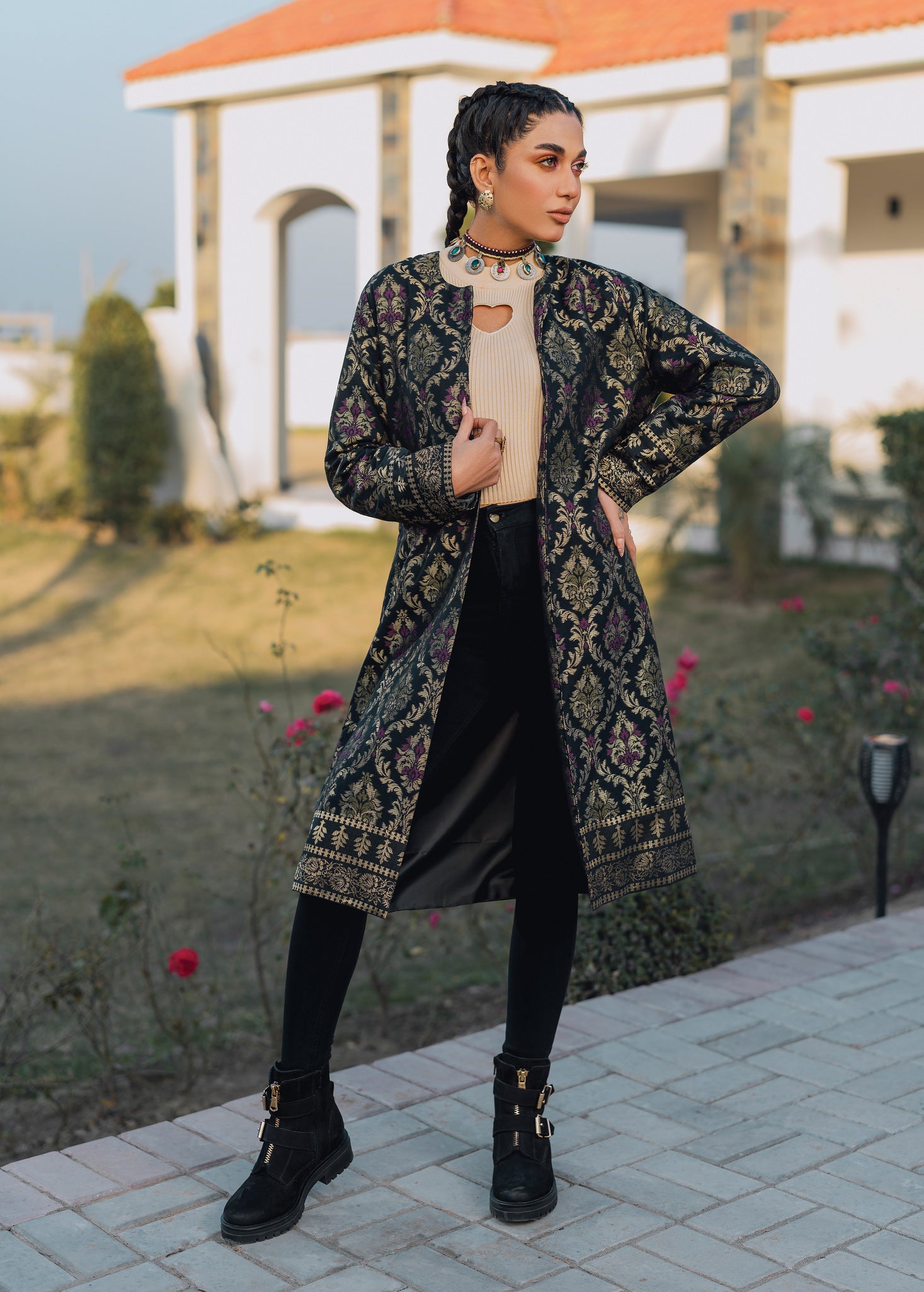 slub khaddar Jacket in Black