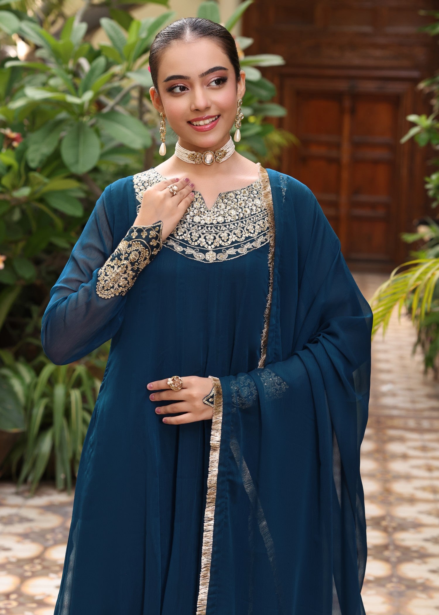 chiffon Pishwas in Teal