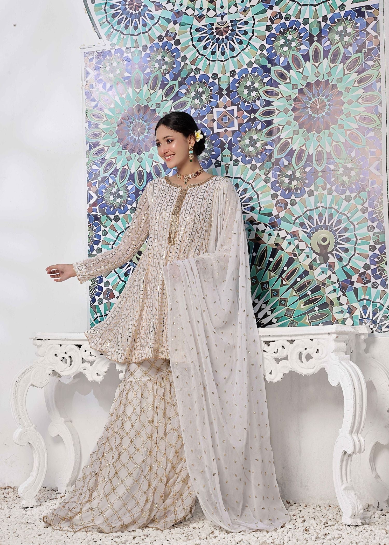 chiffon Gharara in White