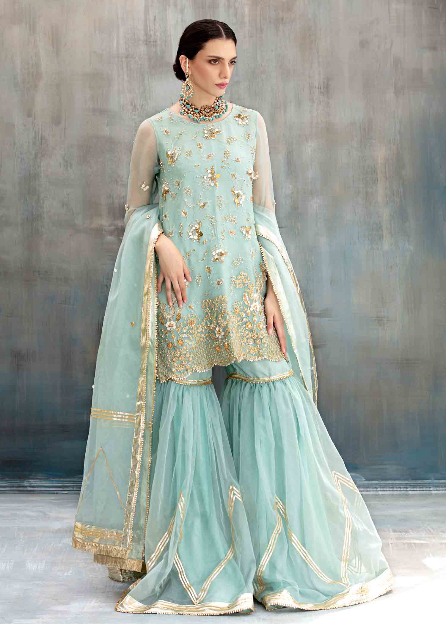 organza Gharara in Sky blue