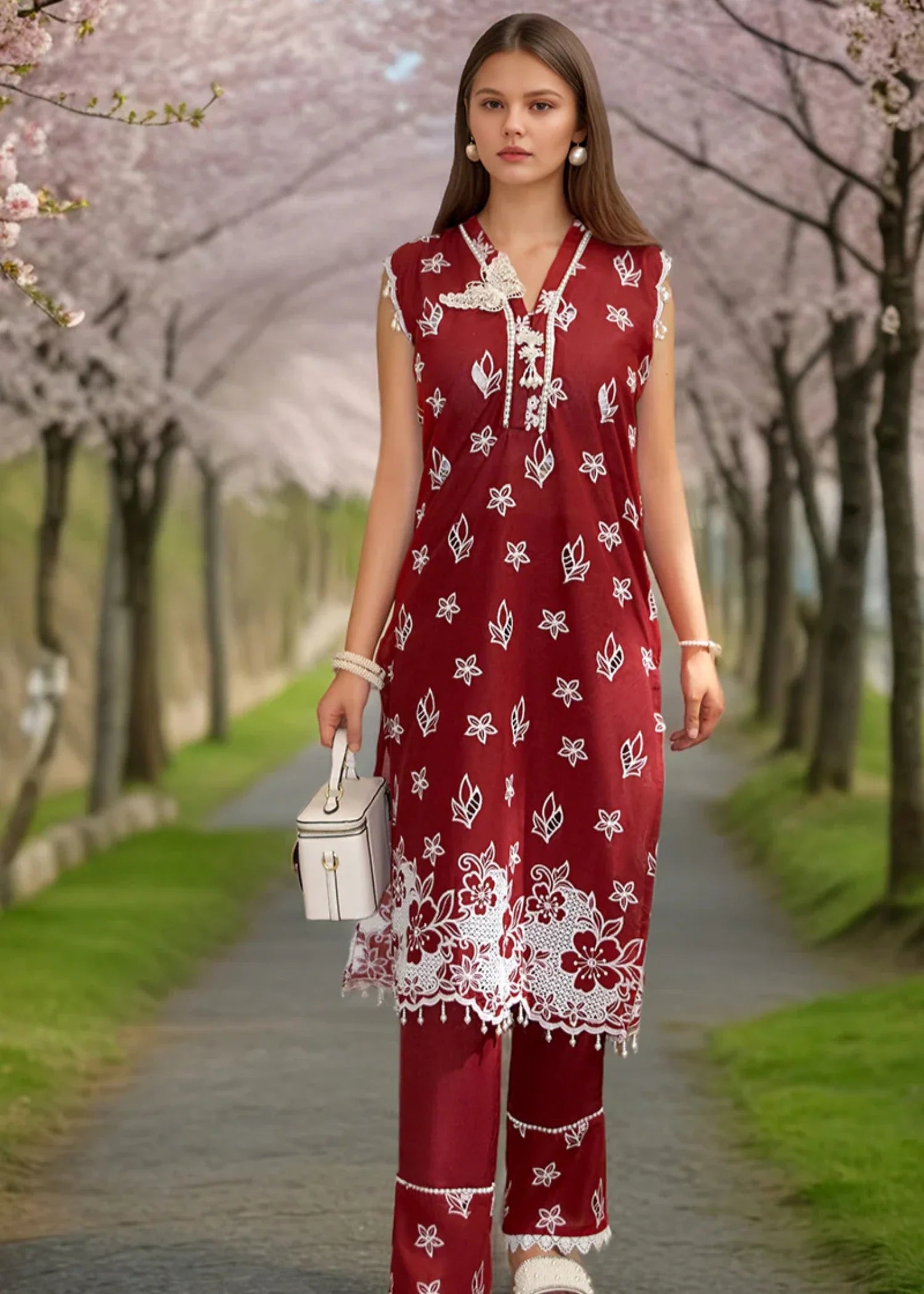 lawn Kurti in Berry red