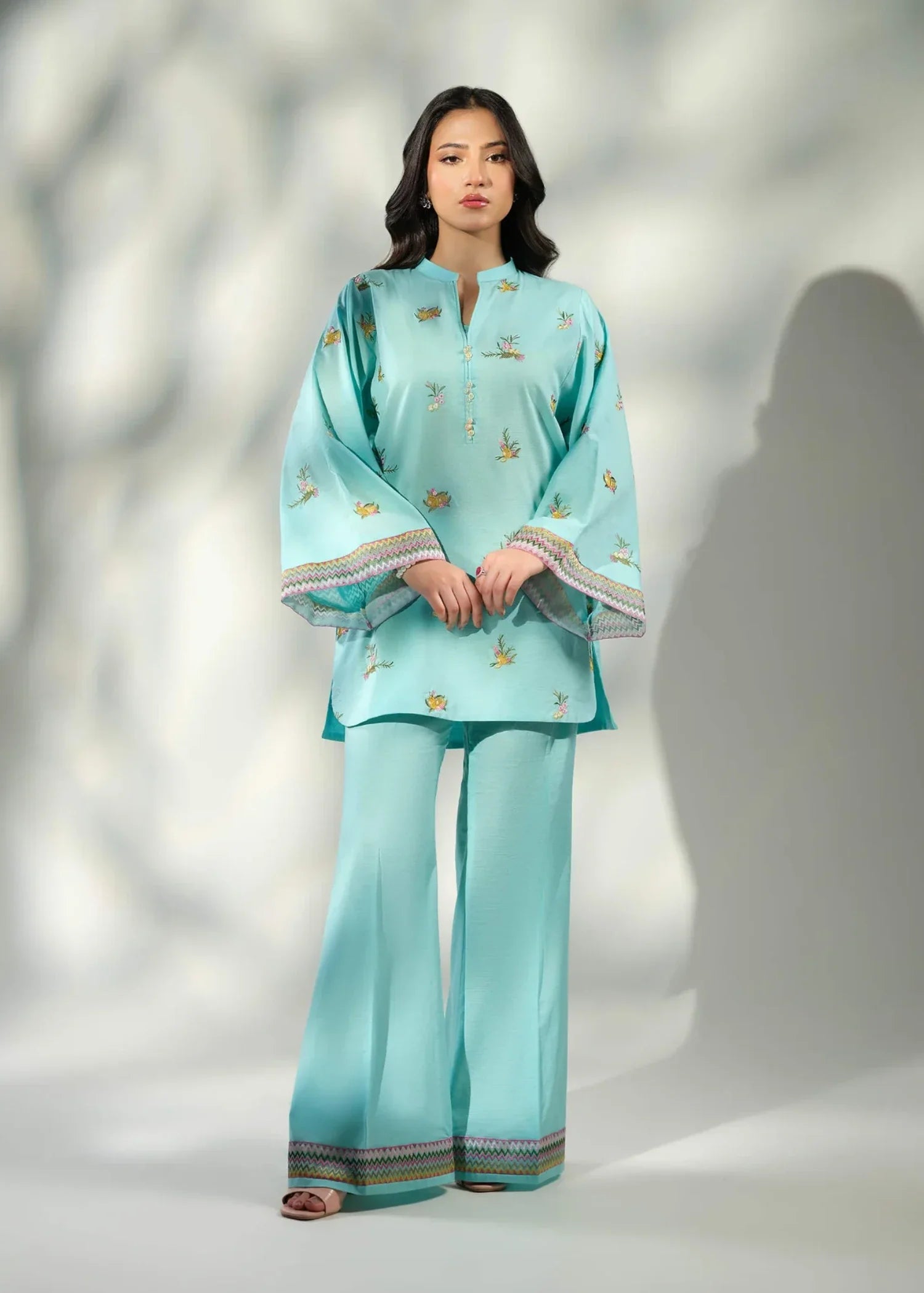 ribbed lawn Kurta Set in Aquamarine