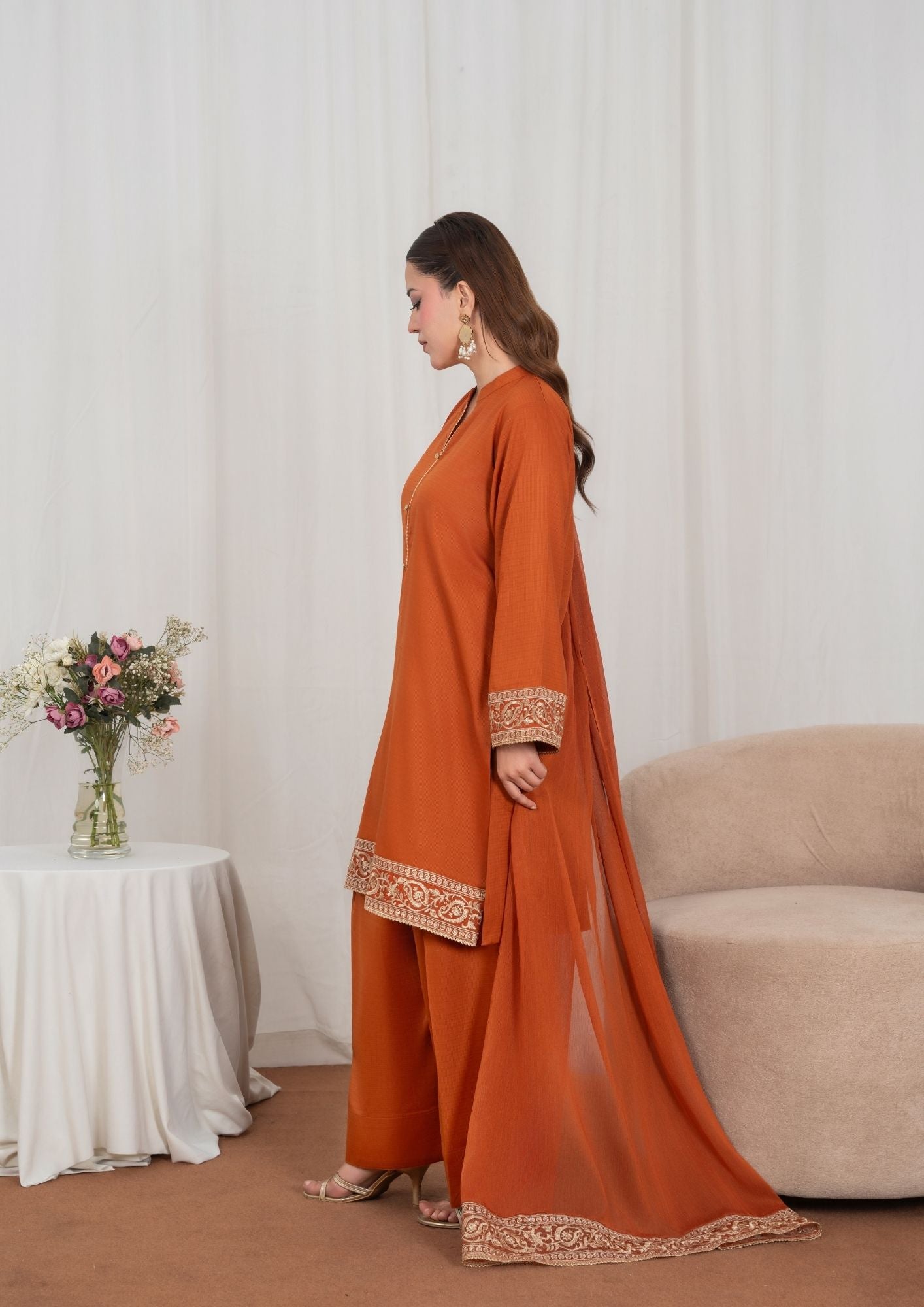 lawn Kurta Set in Rust orange