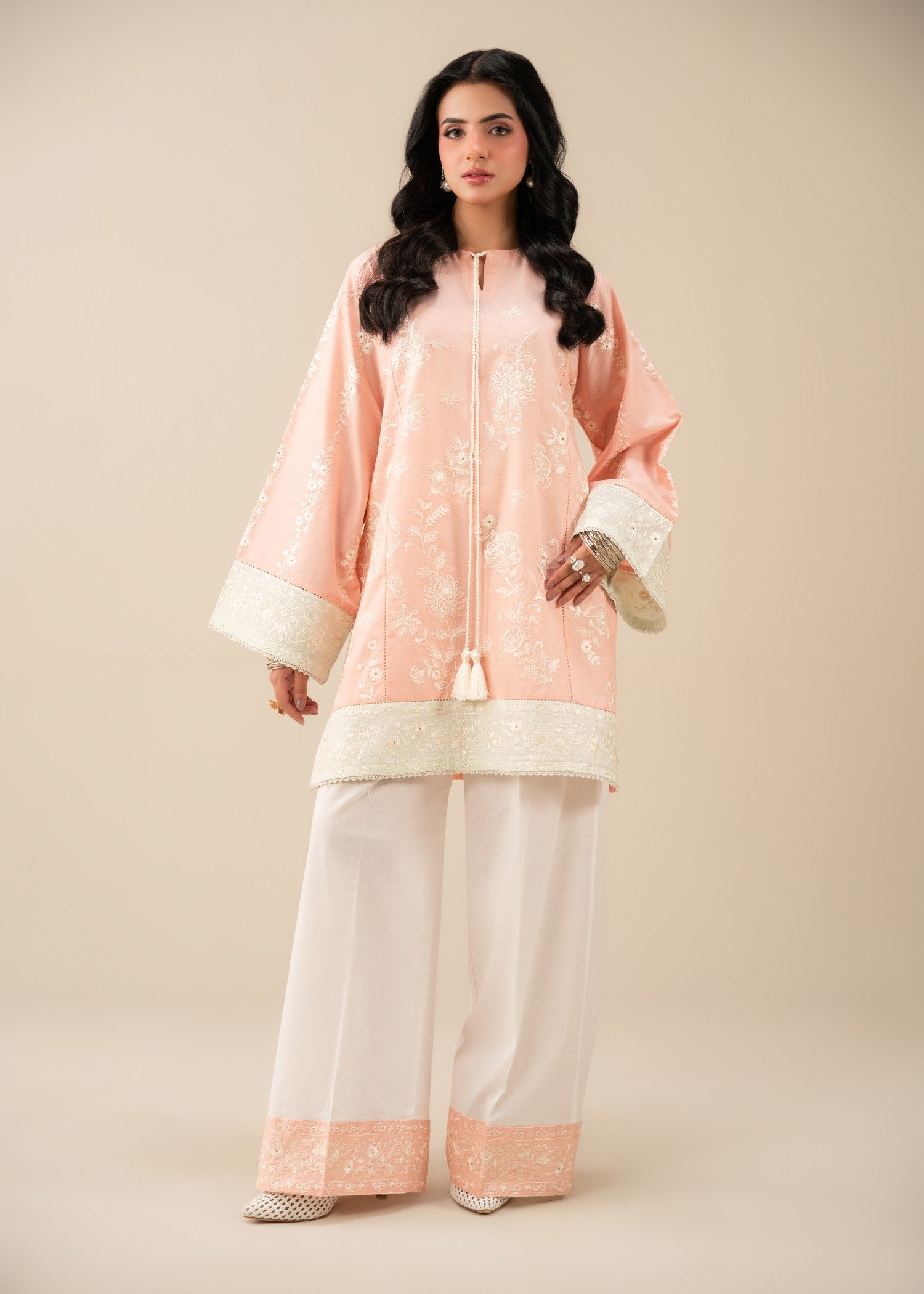 lawn Kurta Set in White, pistachio green, peach pink