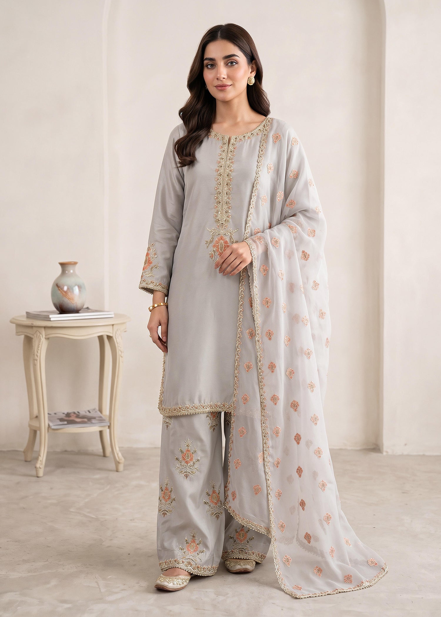 silk Kurta Set in Pastel grey