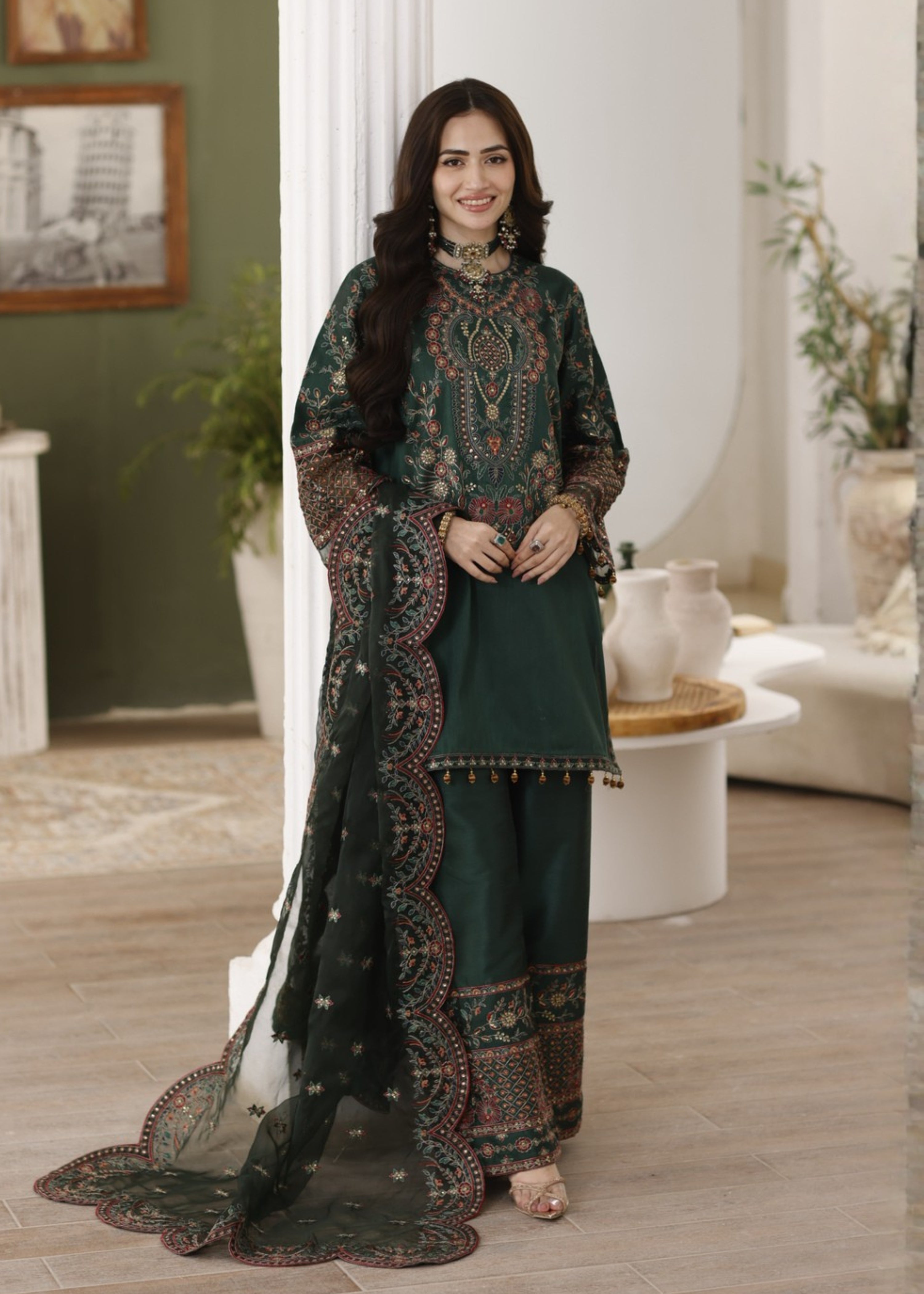 raw silk Kurta Set in Dark green