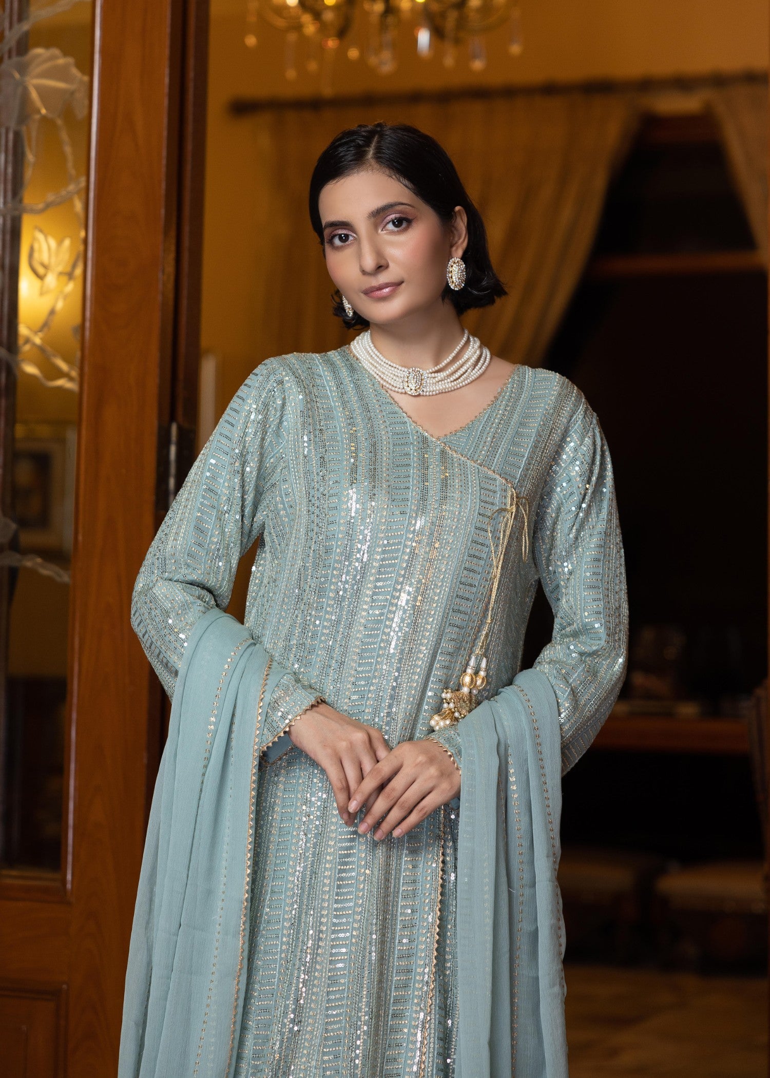 chiffon Angrakha in Ice blue