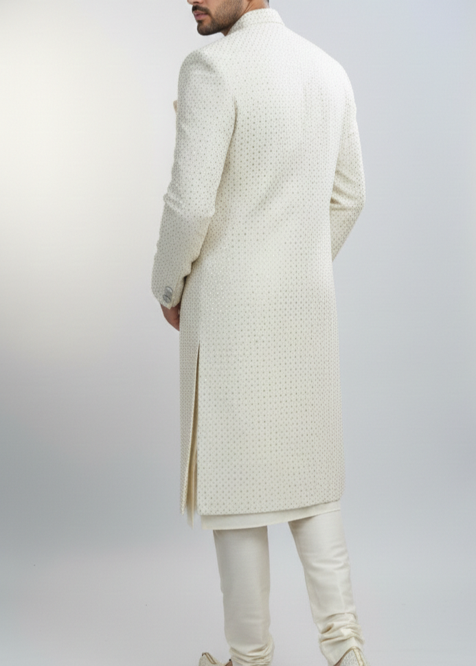 silk Sherwani in White, gold